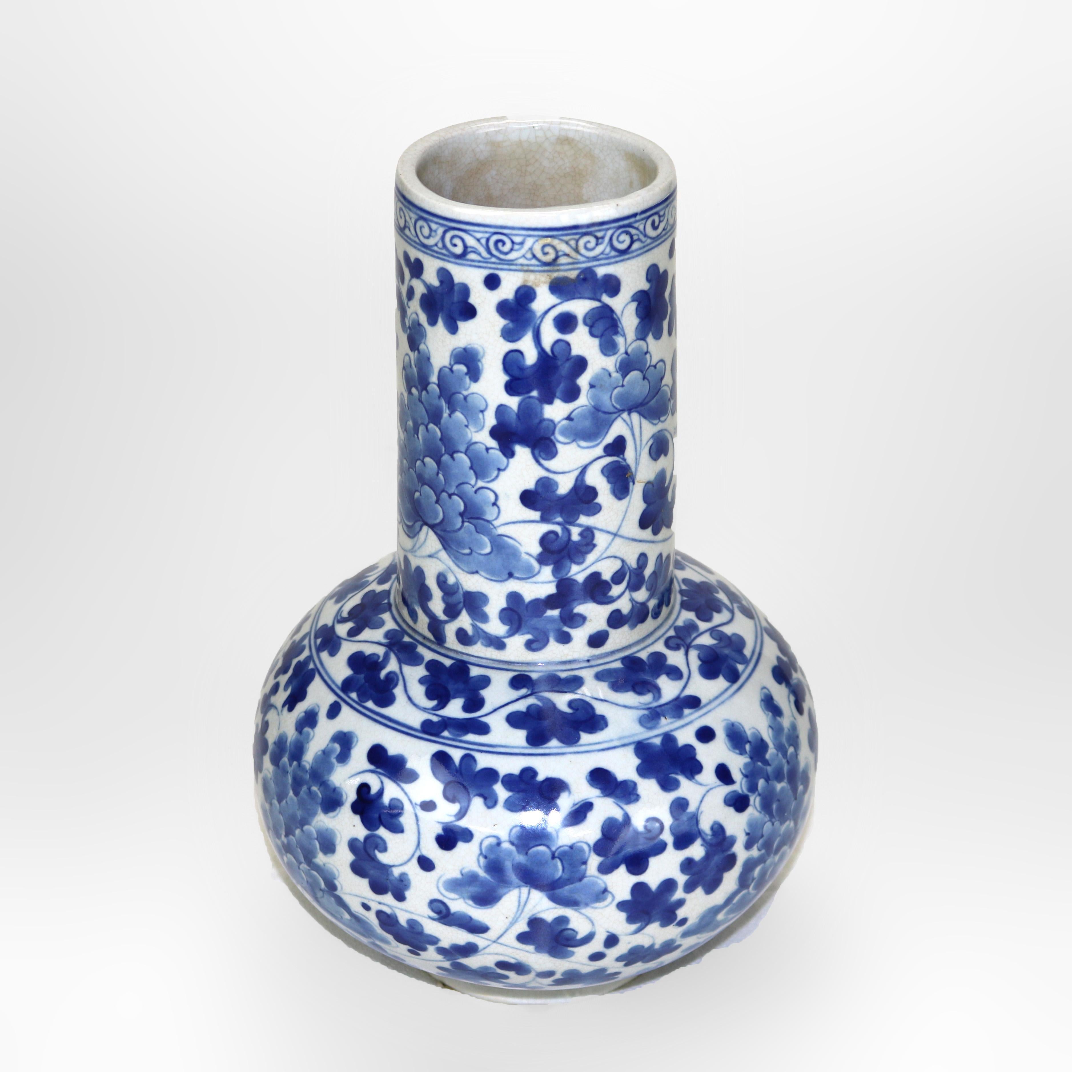 20th Century Antique Asian Blue & White Porcelain Bottle Vase Signed C1930 For Sale