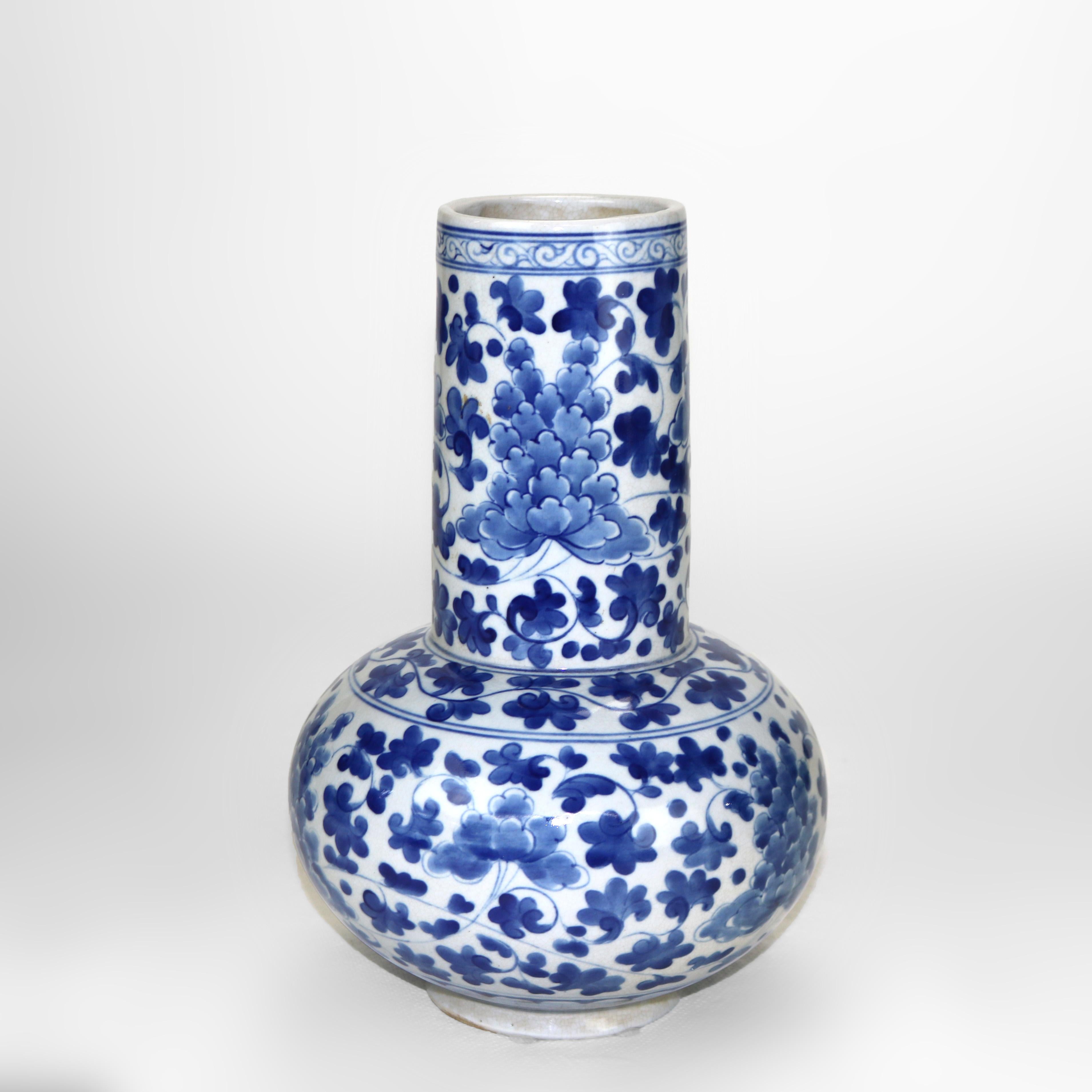 Pottery Antique Asian Blue & White Porcelain Bottle Vase Signed C1930 For Sale
