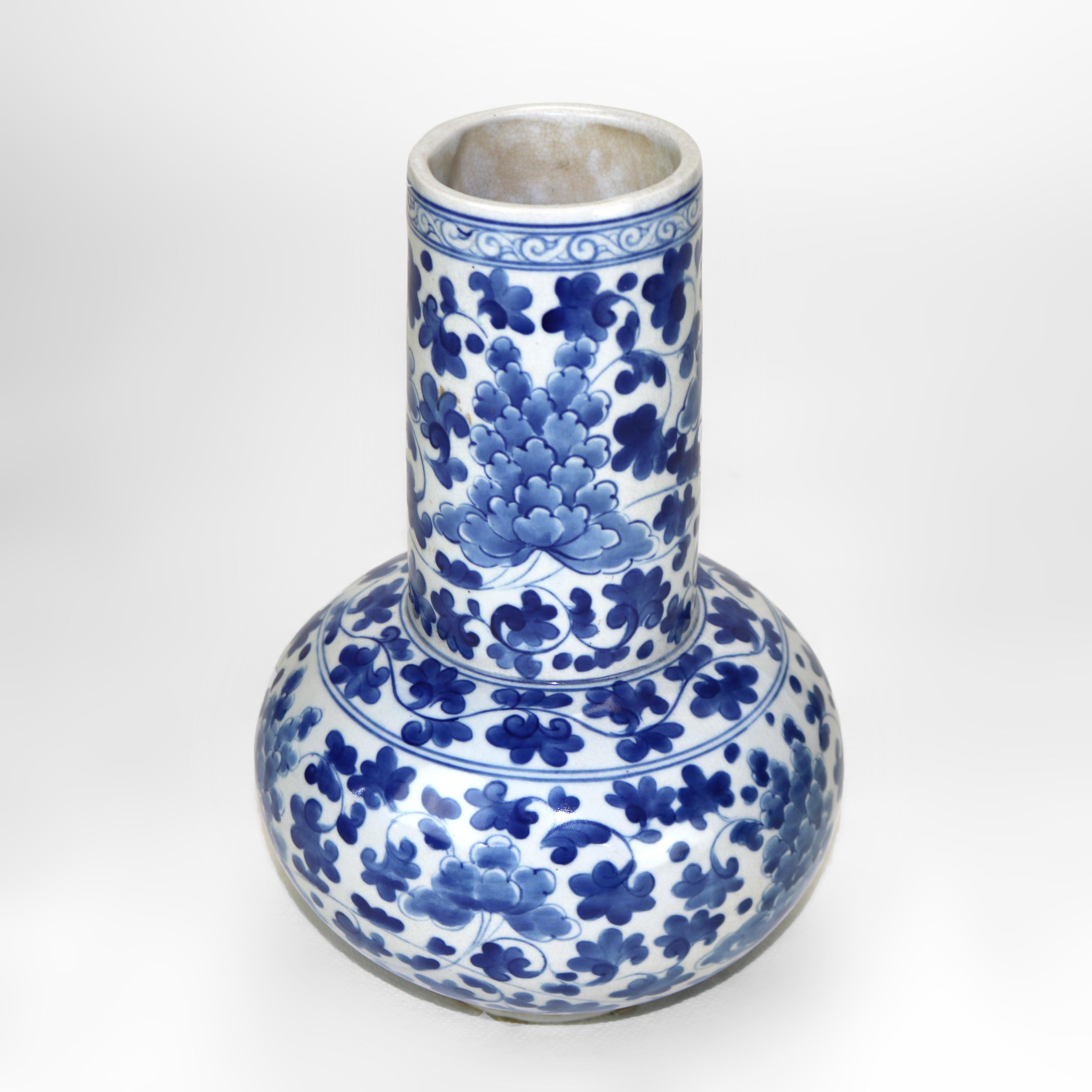 Antique Asian Blue & White Porcelain Bottle Vase Signed C1930 For Sale 1