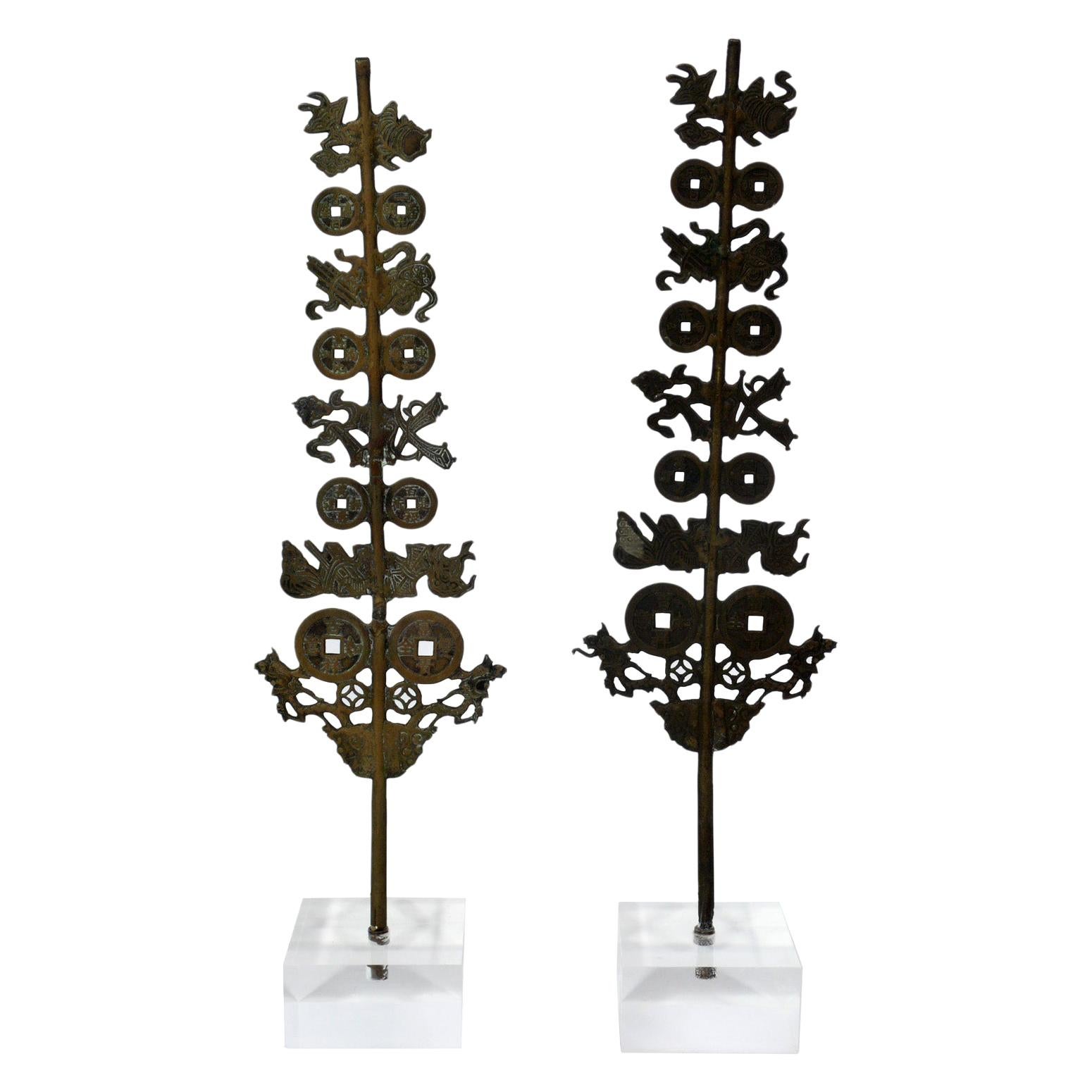 Antique Asian Bronze Ancestral Totems on Lucite Bases