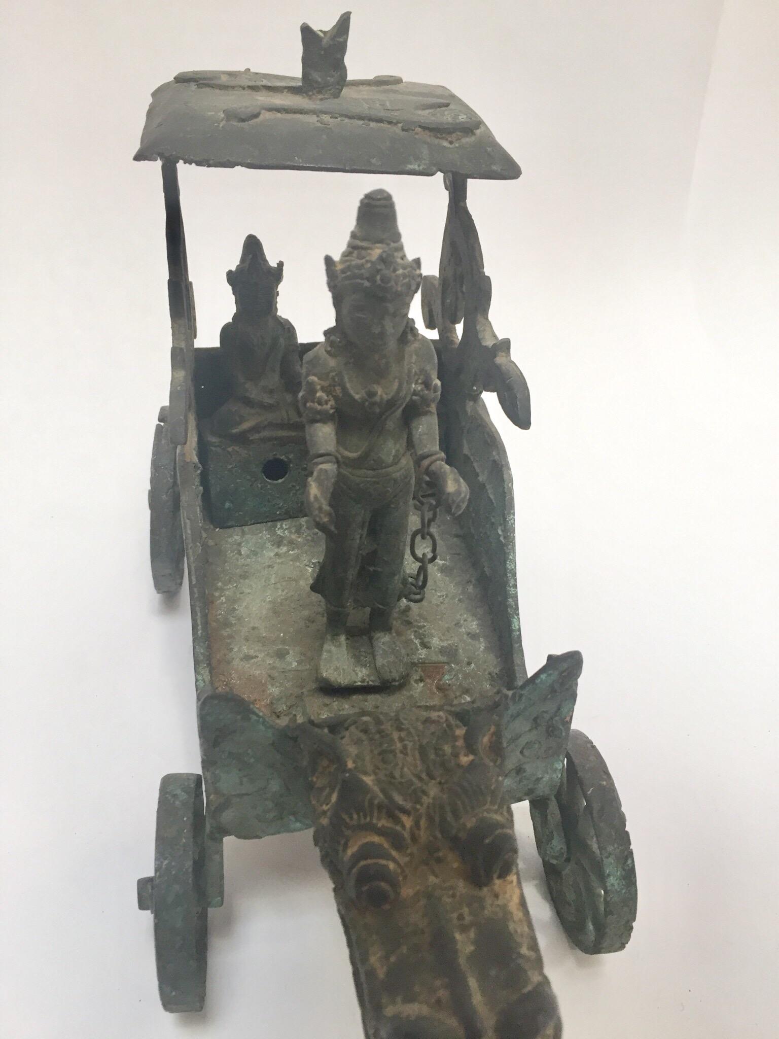Antique Asian Bronze Chariot with Dragon Head Pulled by Horses For Sale 1