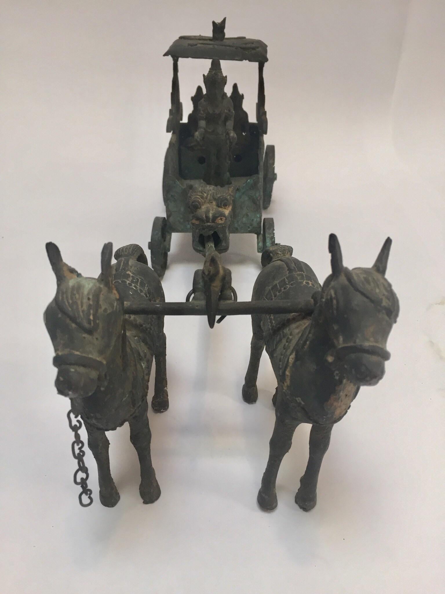 Indian Antique Asian Bronze Chariot with Dragon Head Pulled by Horses For Sale