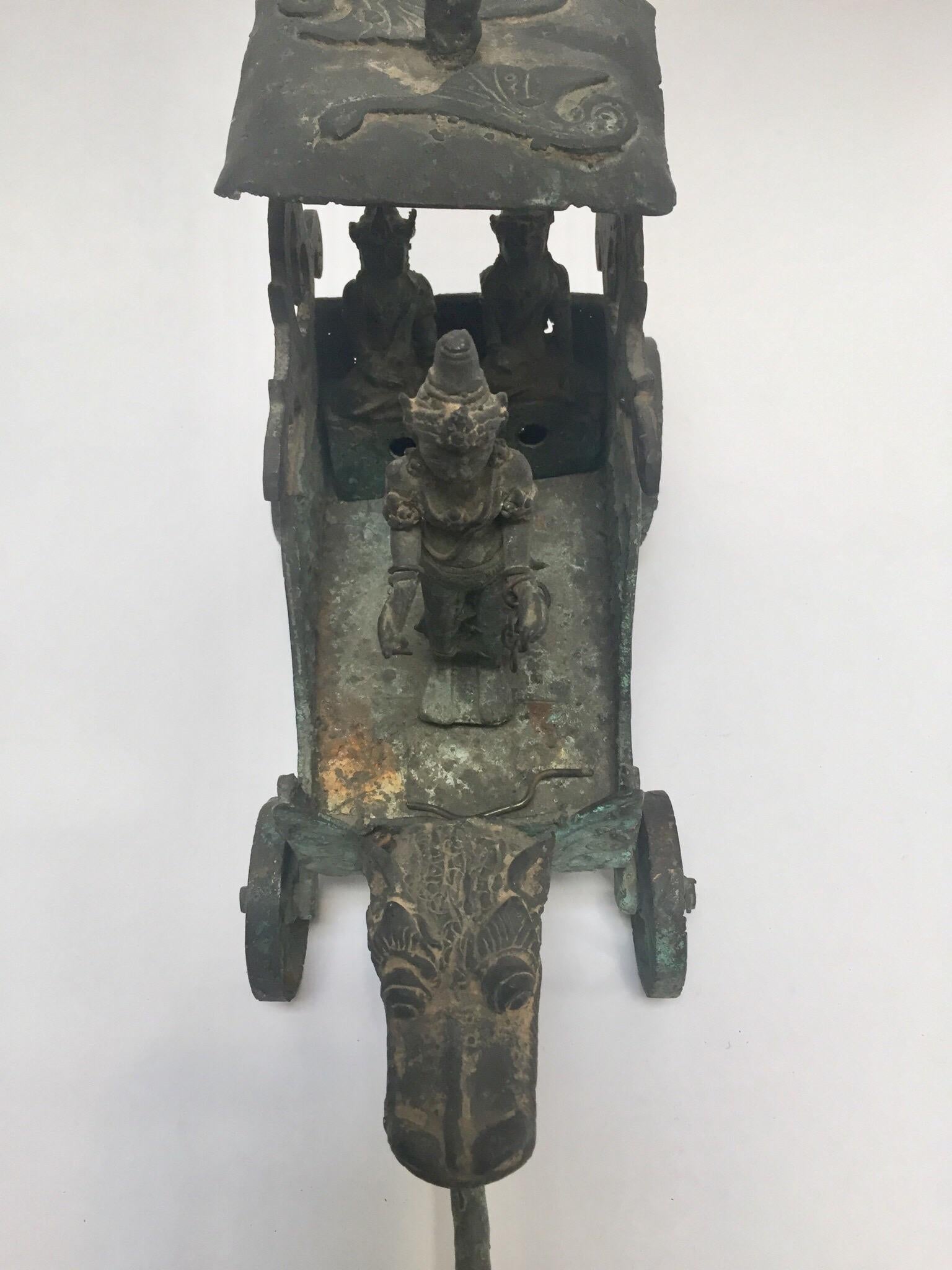 Cast Antique Asian Bronze Chariot with Dragon Head Pulled by Horses For Sale