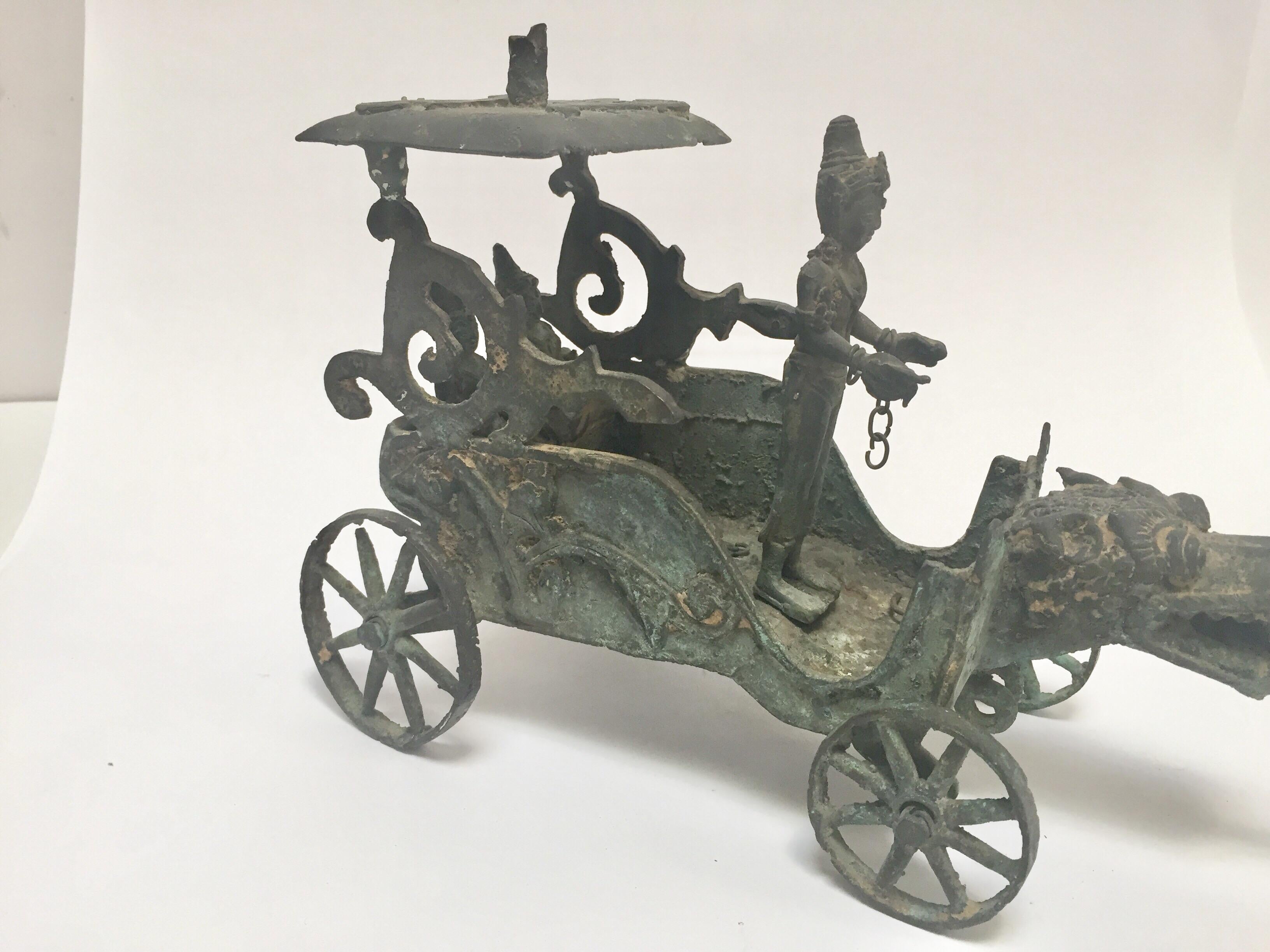 Antique Asian Bronze Chariot with Dragon Head Pulled by Horses In Distressed Condition For Sale In North Hollywood, CA