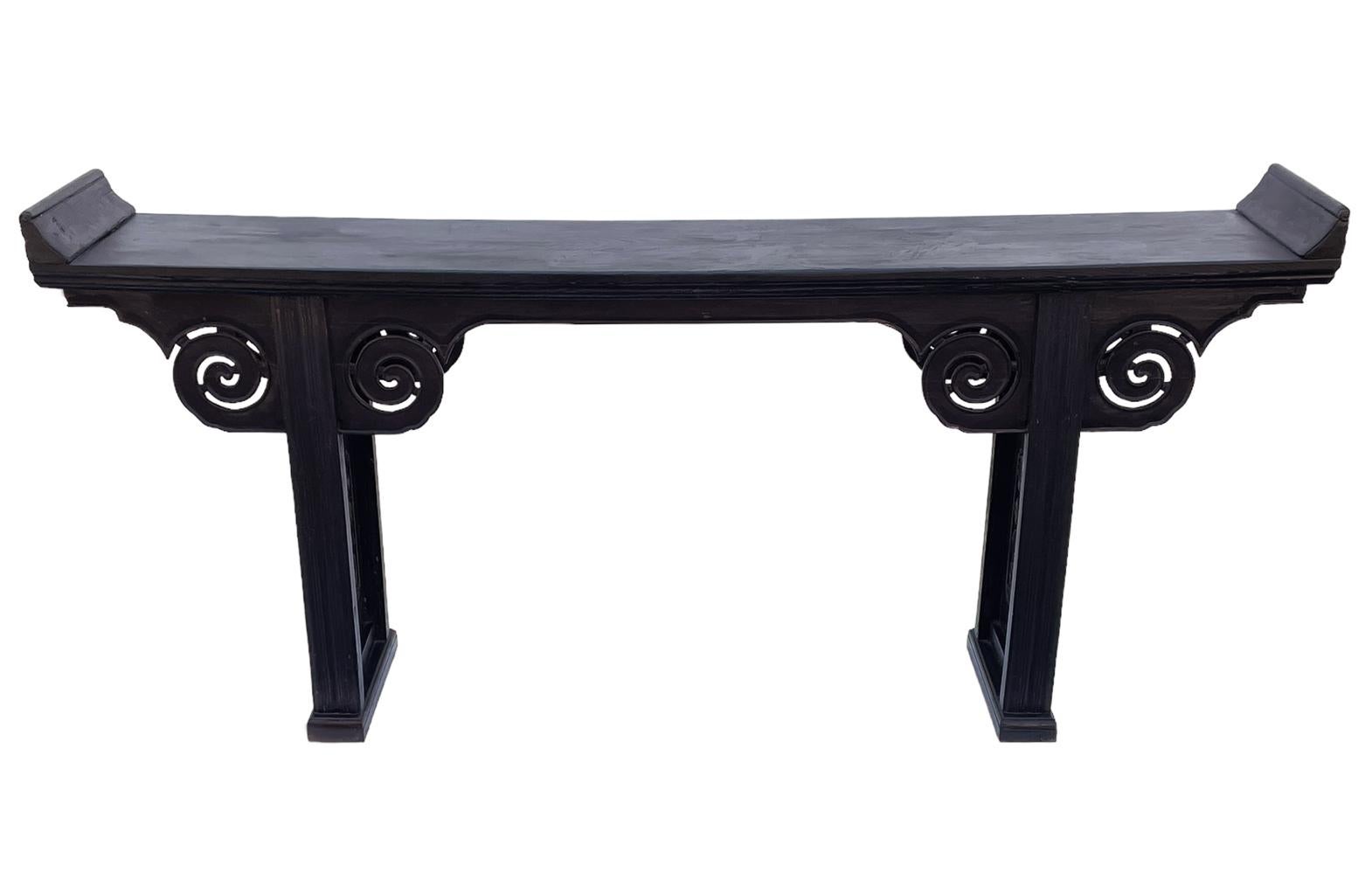 Early turn of the century alter table from a south Asian Temple. Heavy solid wood with nice heavy patina in a warm dark brown color. Sure to be an interesting highlight in your space. 