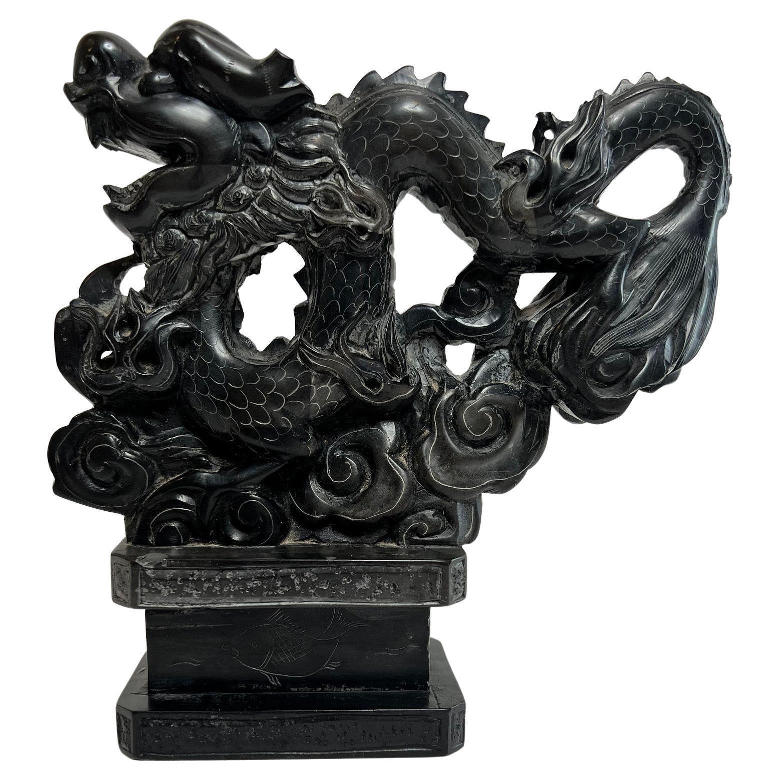 100% Chinese natural jade hand carved statue of dragon & phoenix 