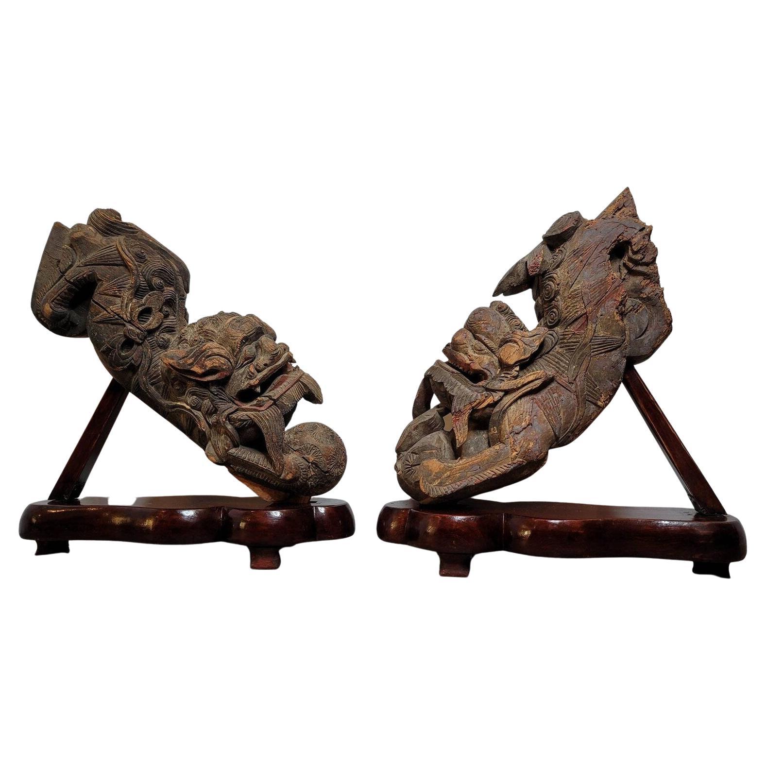 Antique Asian Carved Foo Dog Lion Architectural Corbels, a Pair