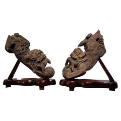 Antique Asian Carved Foo Dog Lion Corbels, a Pair