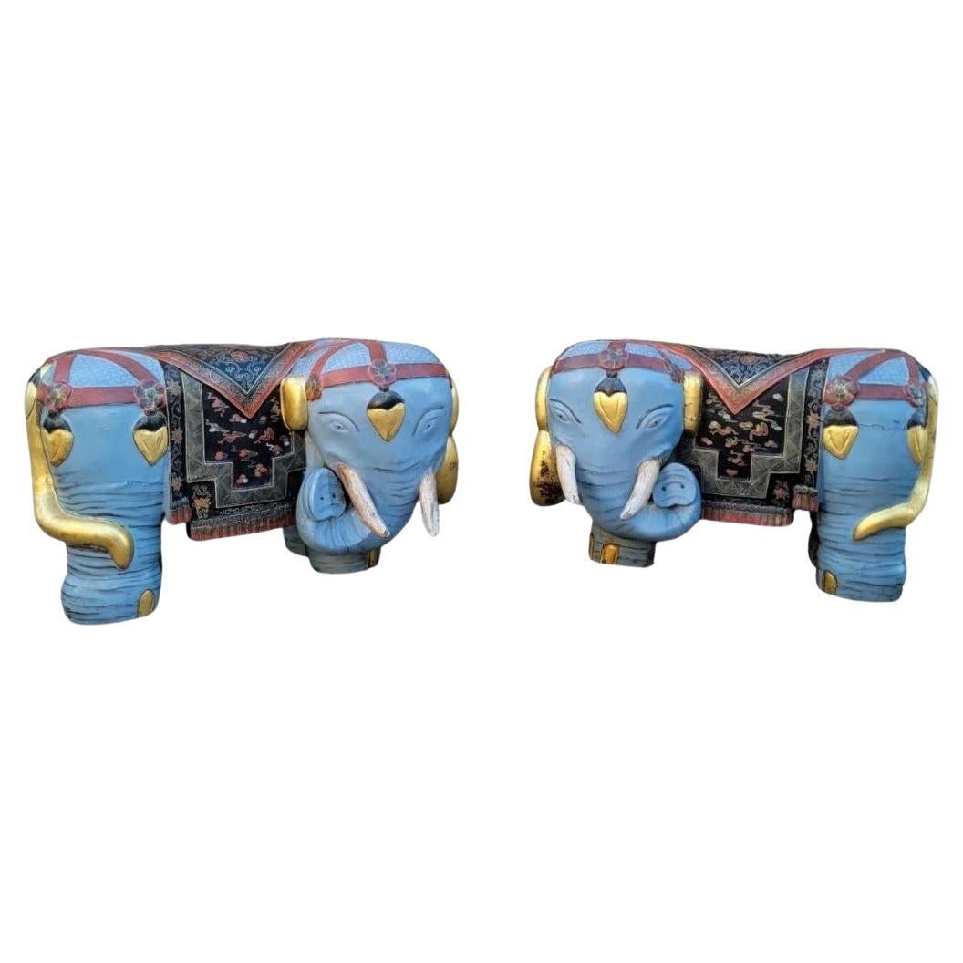 Antique Asian Carved & Hand-Painted Elephant Stools/Garden Seats - Pair