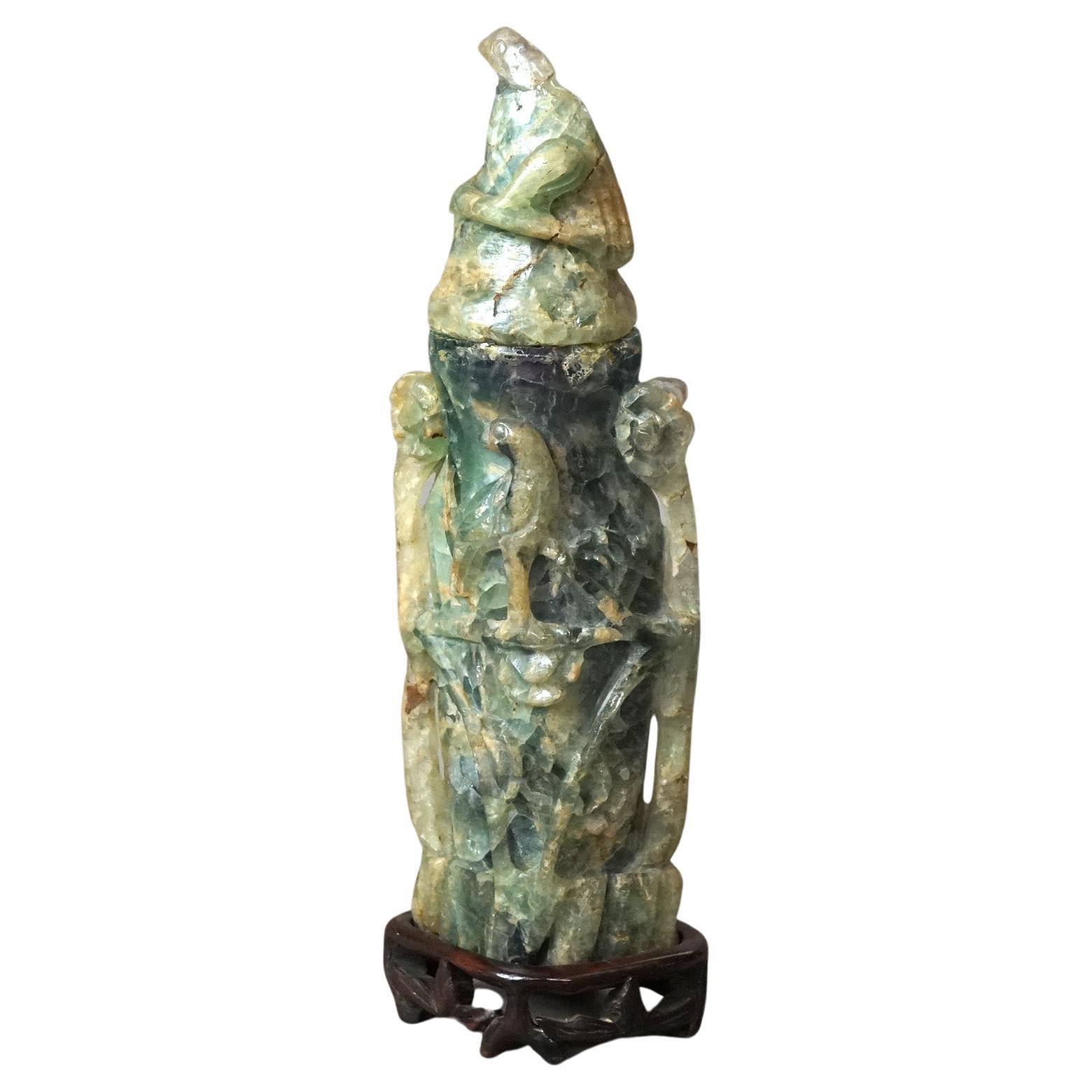Sculpture asiatique ancienne en pierre de savon sculptée en jade avec des oiseaux C1890