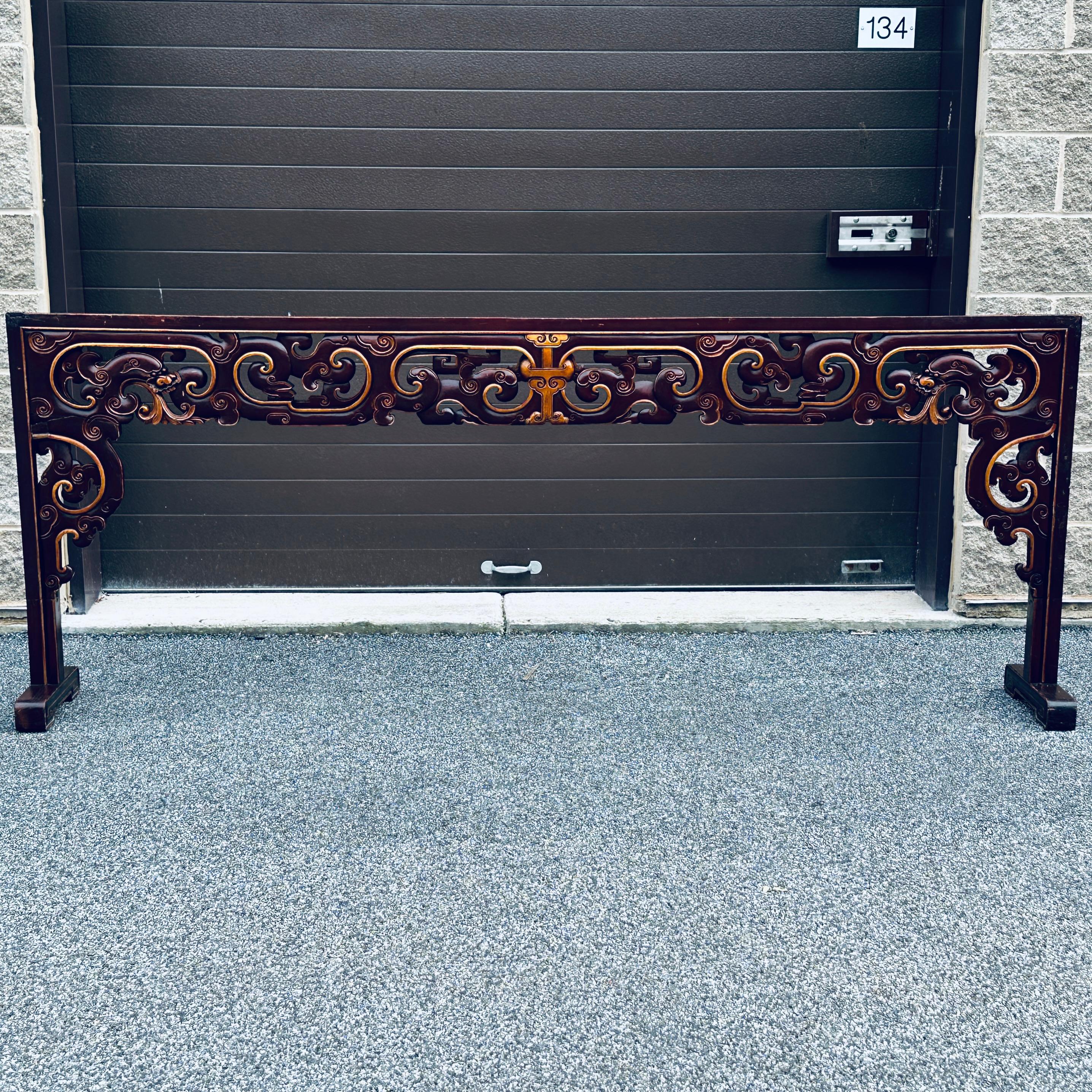 Antique Asian Carved King Size Headboard With Dragons and Openwork For Sale 3