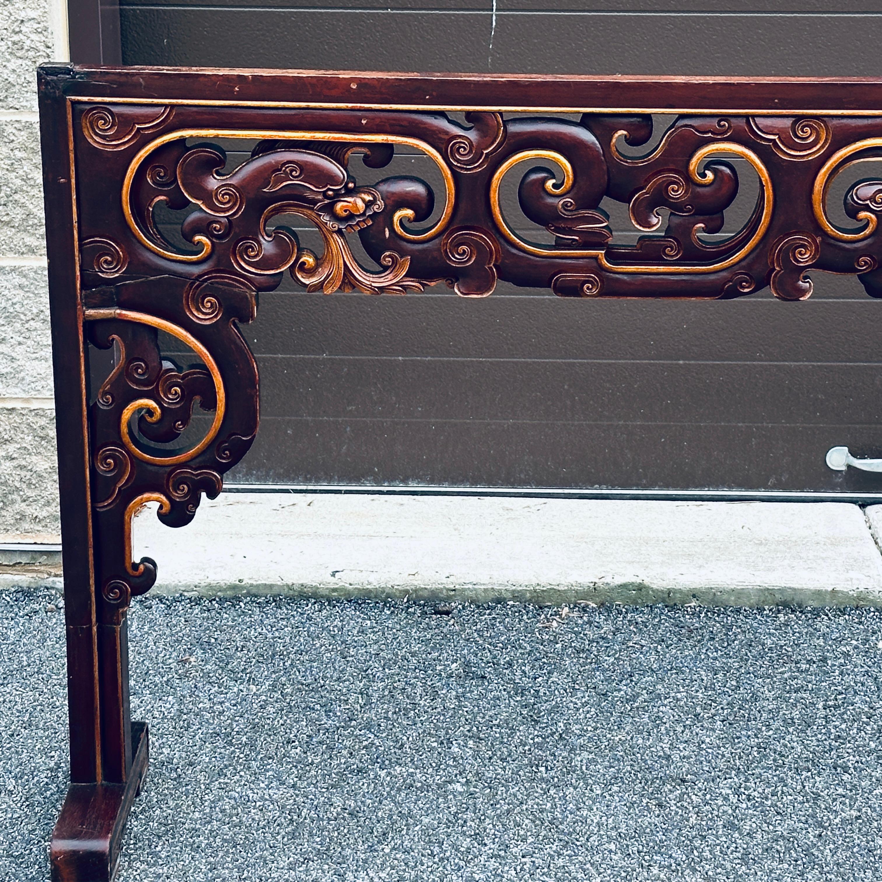 Antique Asian Carved King Size Headboard With Dragons and Openwork For Sale 4
