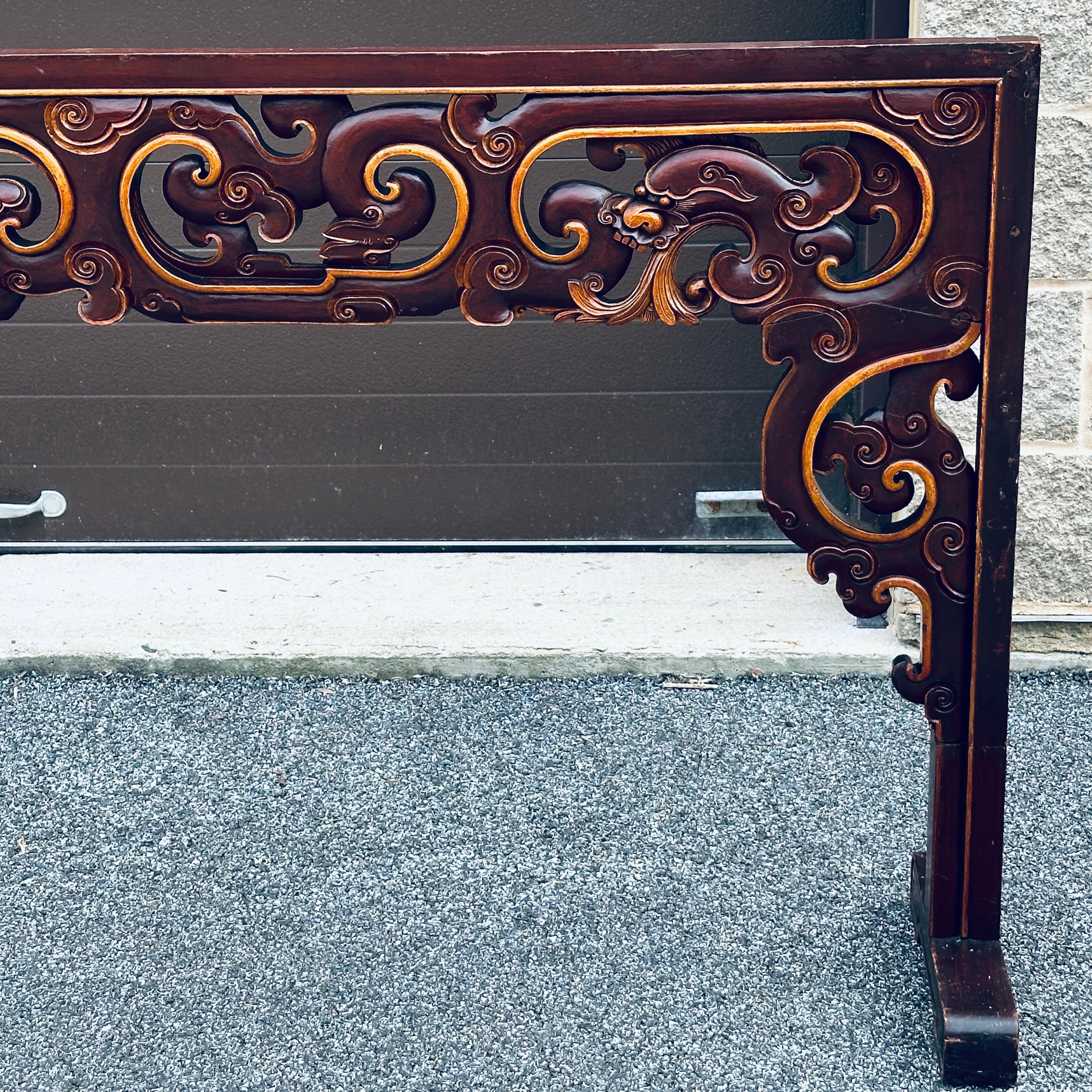 Antique Asian Carved King Size Headboard With Dragons and Openwork For Sale 6