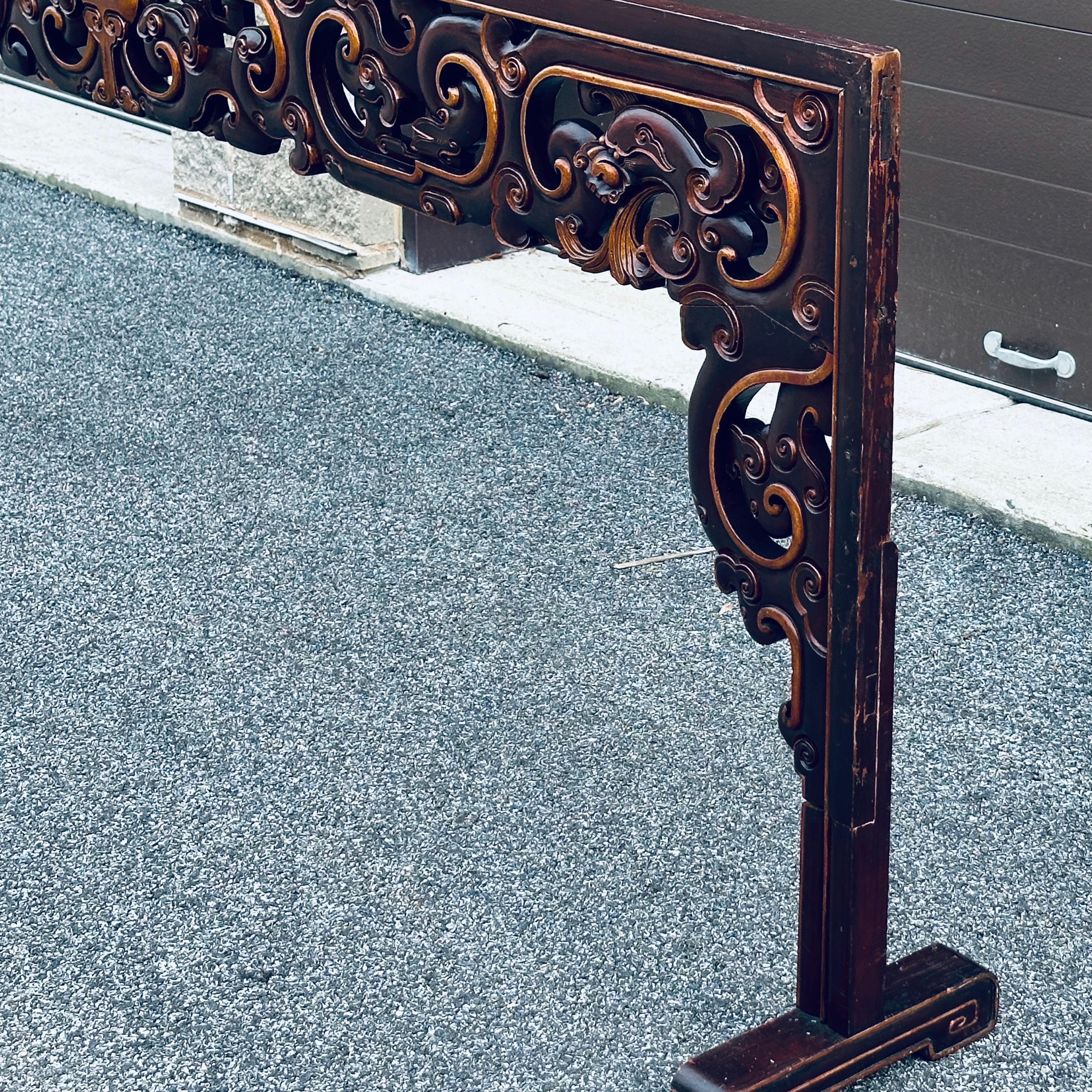 Chinoiserie Antique Asian Carved King Size Headboard With Dragons and Openwork For Sale