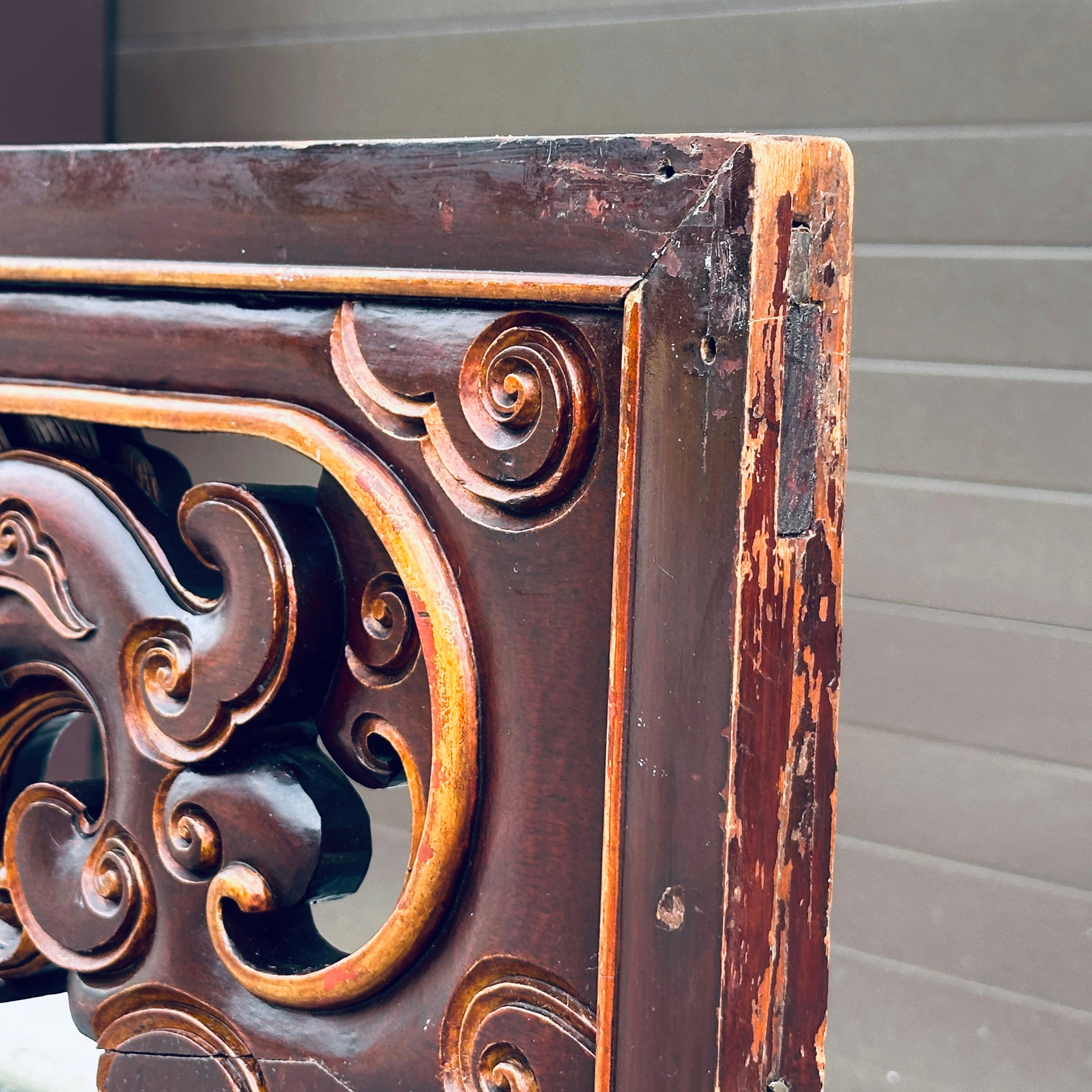 Chinese Antique Asian Carved King Size Headboard With Dragons and Openwork For Sale