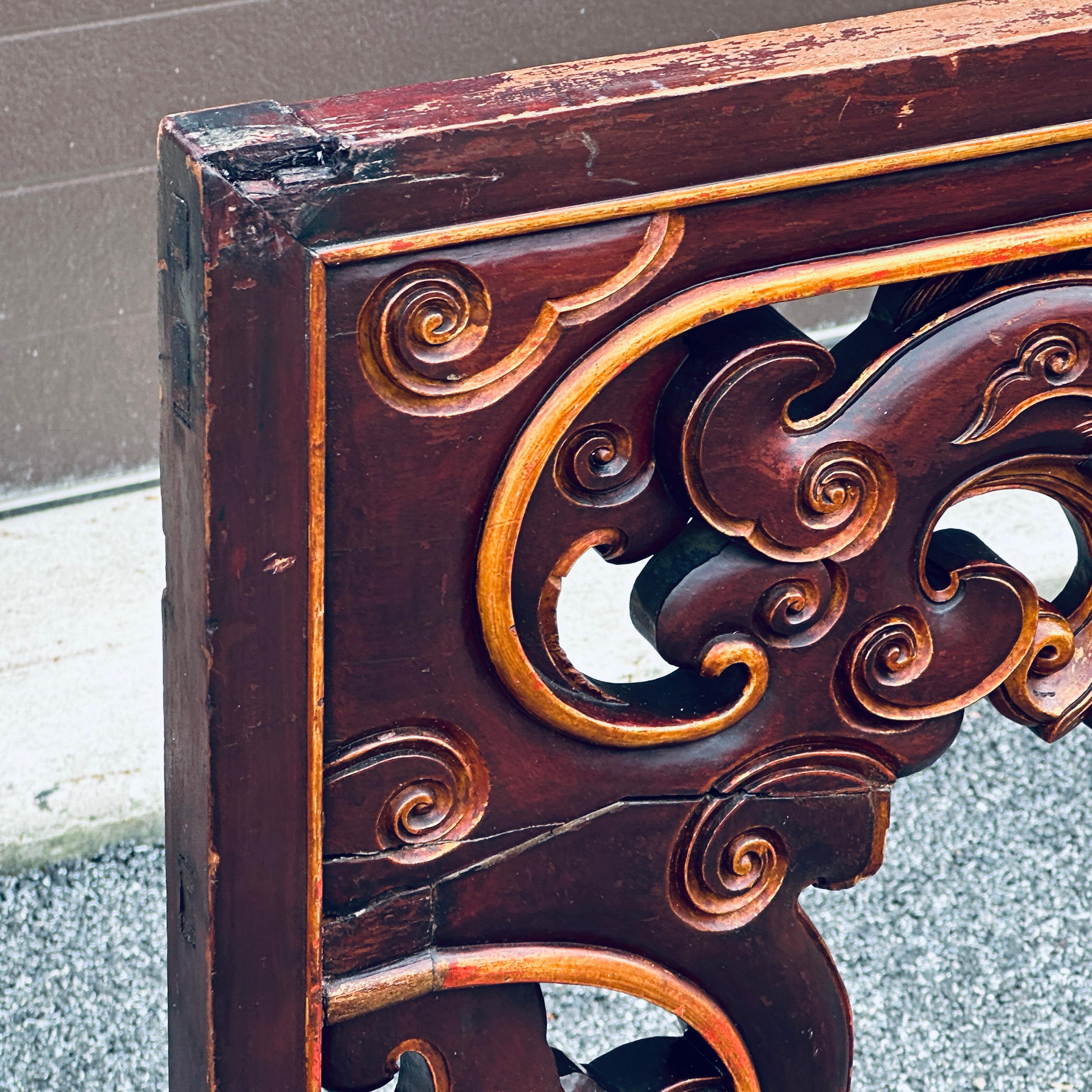 20th Century Antique Asian Carved King Size Headboard With Dragons and Openwork For Sale
