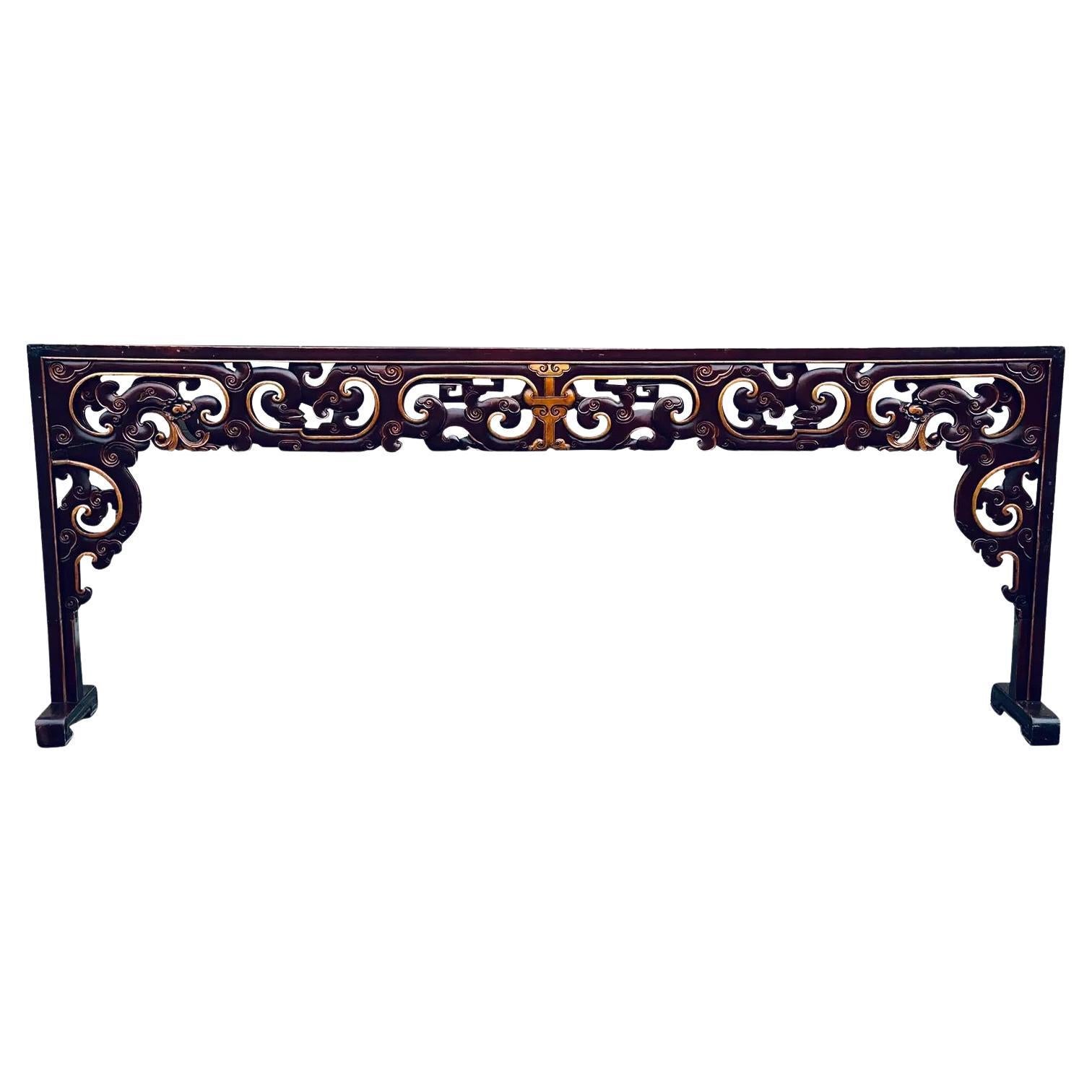 Antique Asian Carved King Size Headboard With Dragons and Openwork For Sale