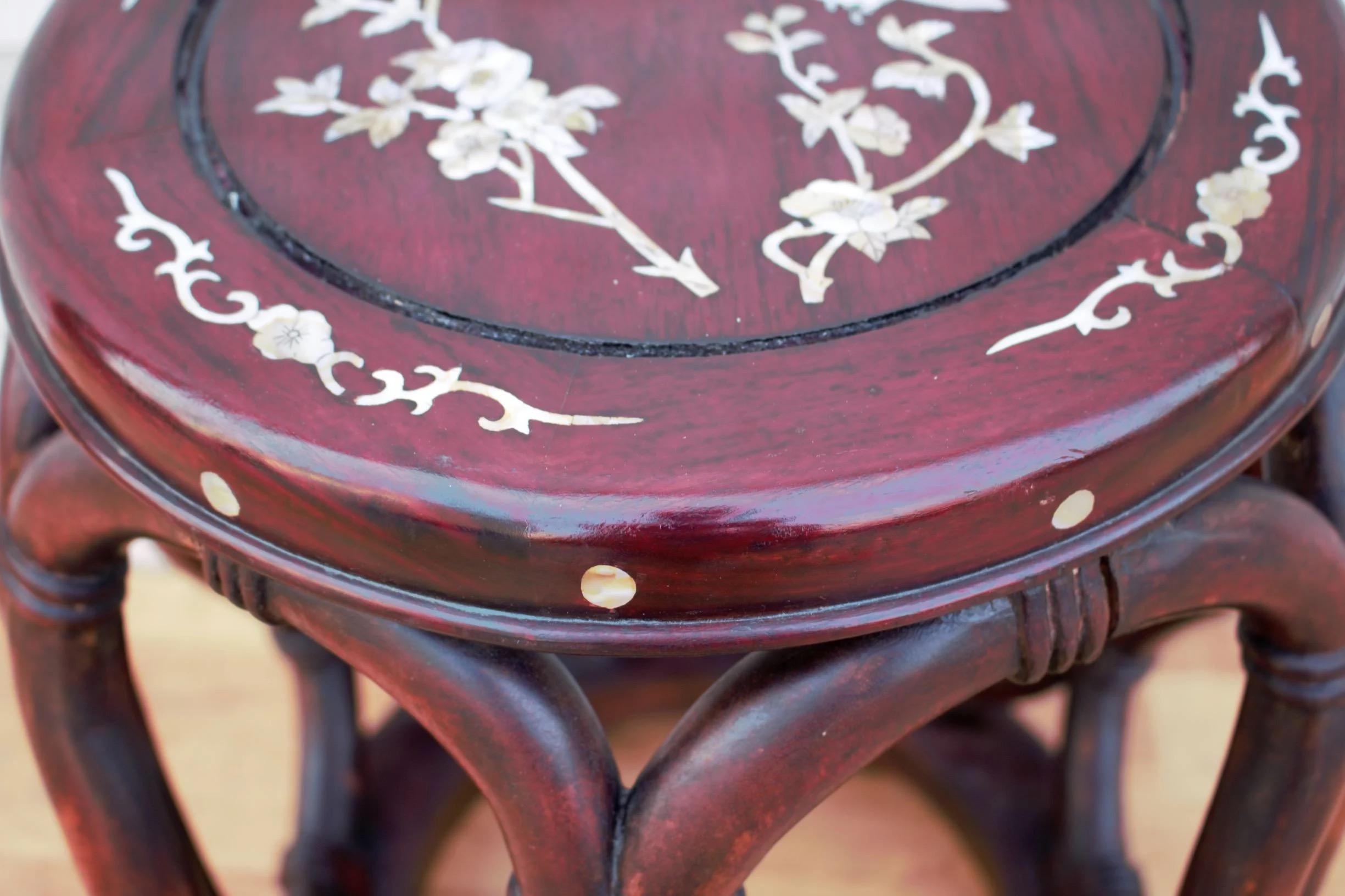 Antique Asian Carved Mother of Pearl Inlay Chairs & Stool/Side Table - 3 Piece 4