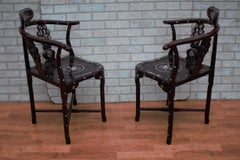 Antique Asian Carved Mother of Pearl Inlay Chairs & Stool/Side Table - 3 Piece