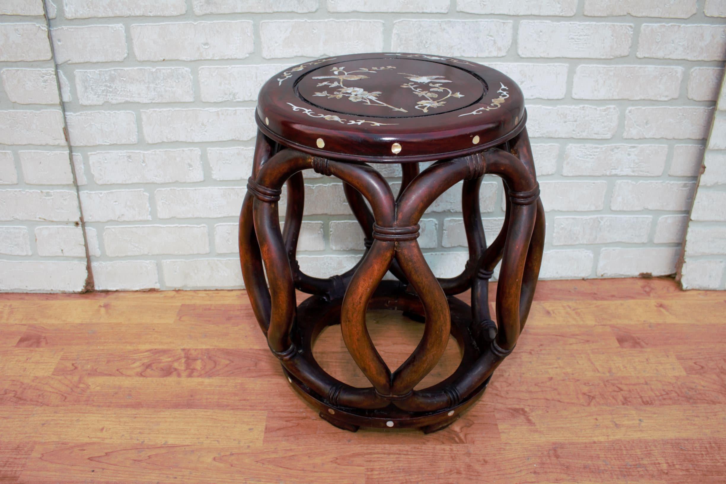 Rustic Antique Asian Carved Mother of Pearl Inlay Chairs & Stool/Side Table - 3 Piece