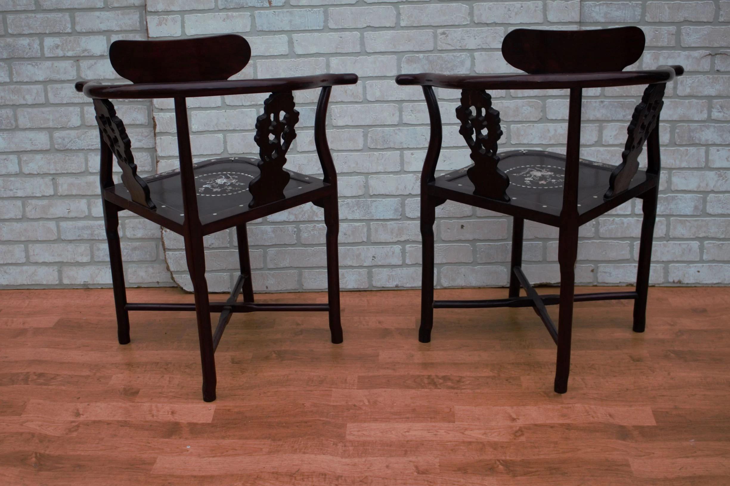 Antique Asian Carved Mother of Pearl Inlay Chairs & Stool/Side Table - 3 Piece In Good Condition In Chicago, IL