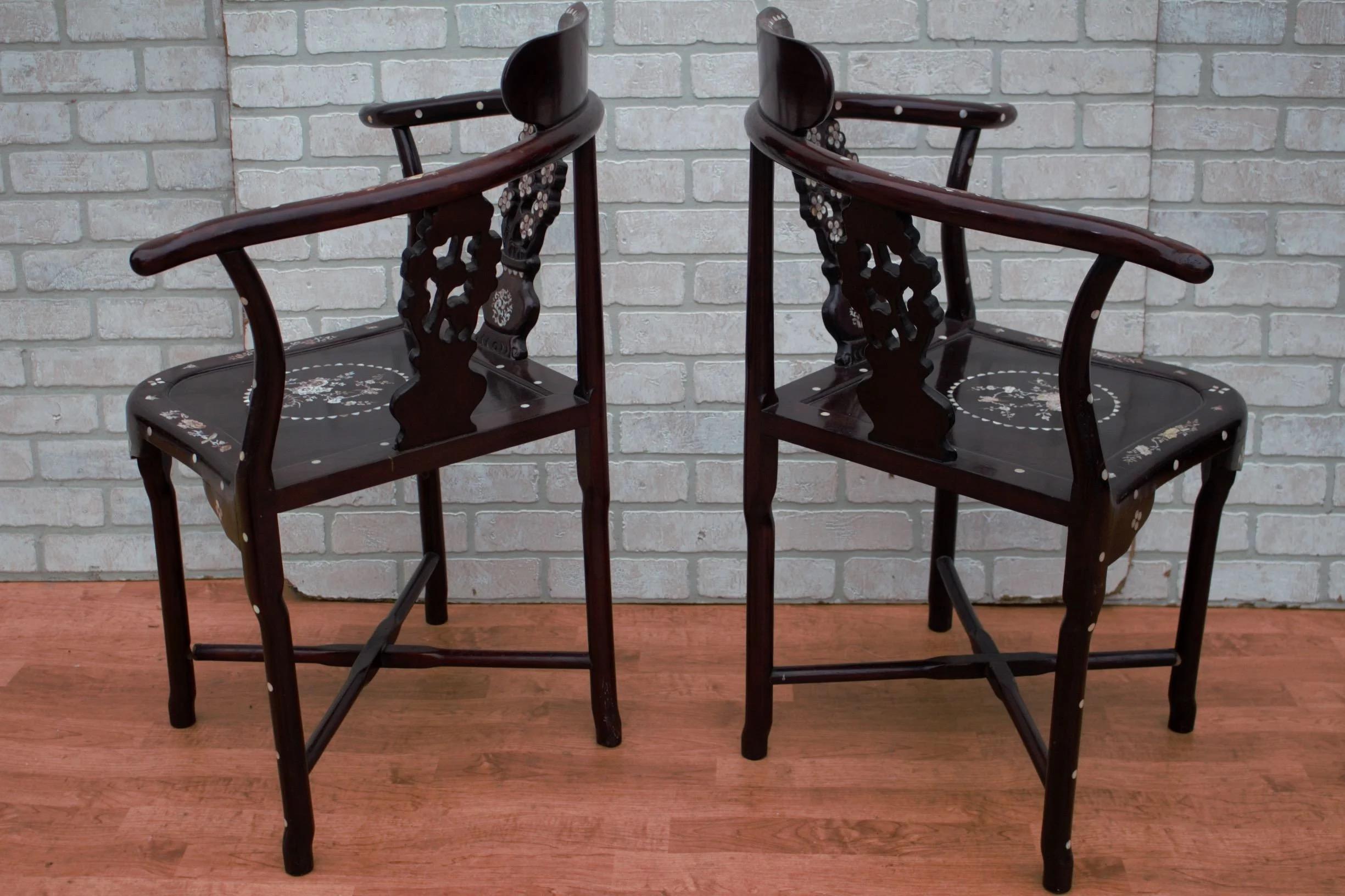 Early 20th Century Antique Asian Carved Mother of Pearl Inlay Chairs & Stool/Side Table - 3 Piece
