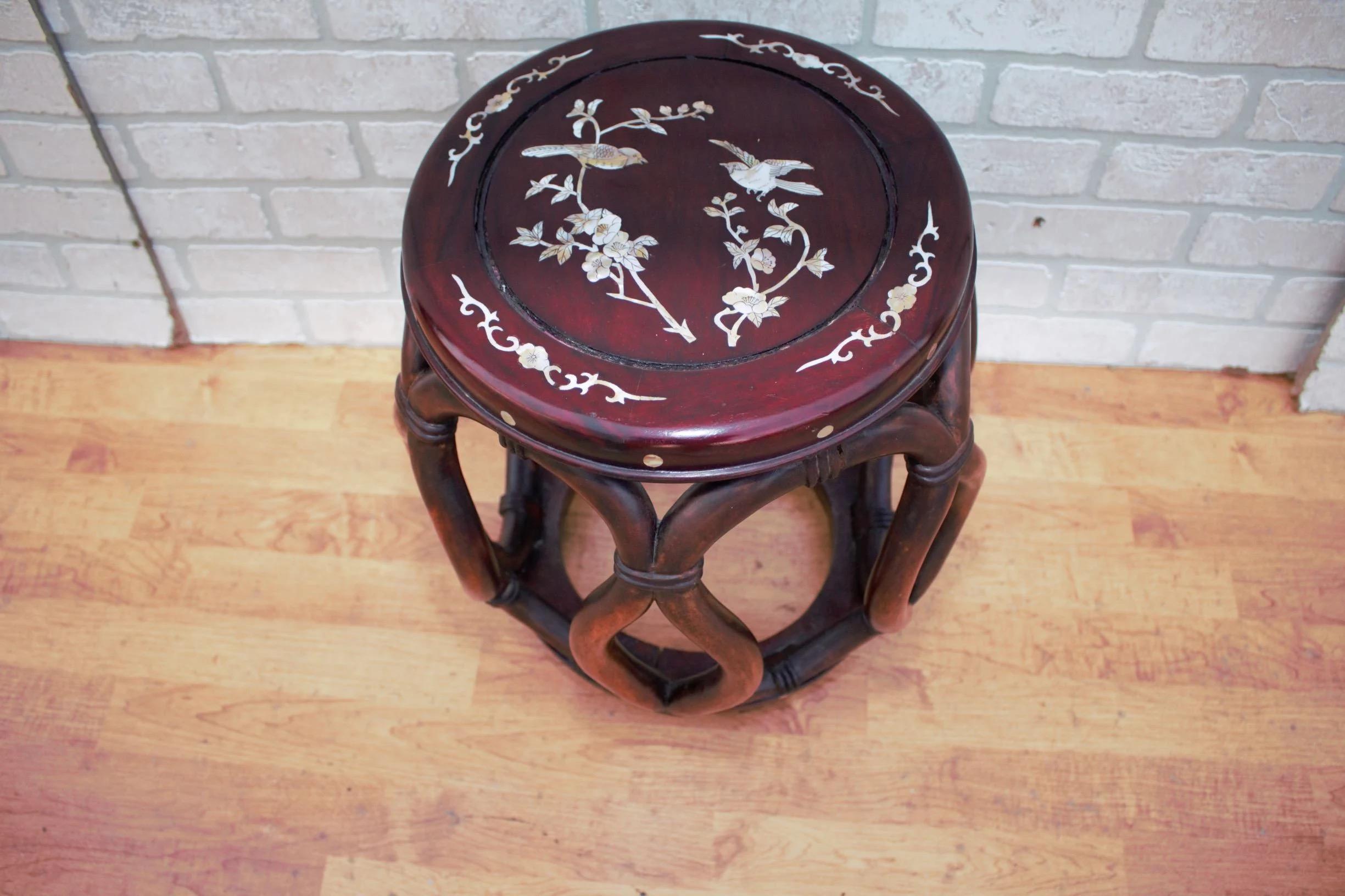 Mother-of-Pearl Antique Asian Carved Mother of Pearl Inlay Chairs & Stool/Side Table - 3 Piece