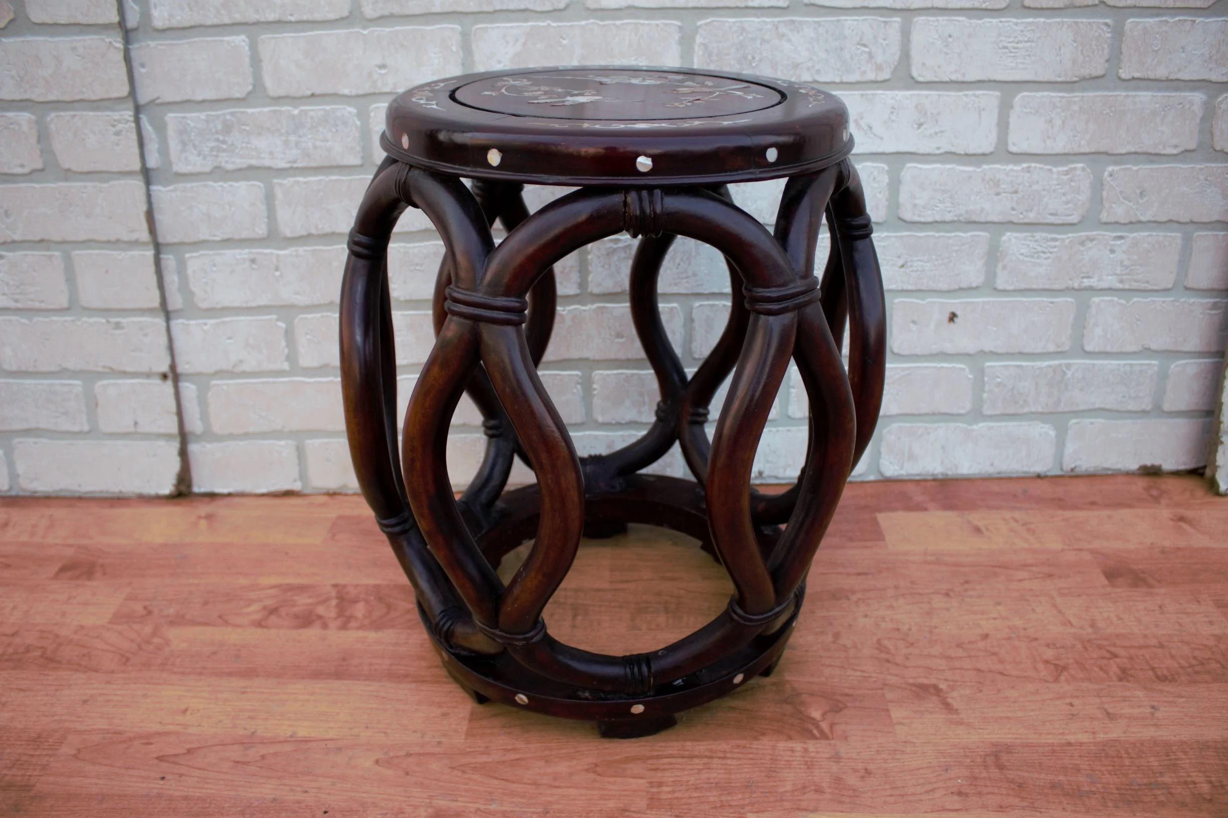 Antique Asian Carved Mother of Pearl Inlay Chairs & Stool/Side Table - 3 Piece 1