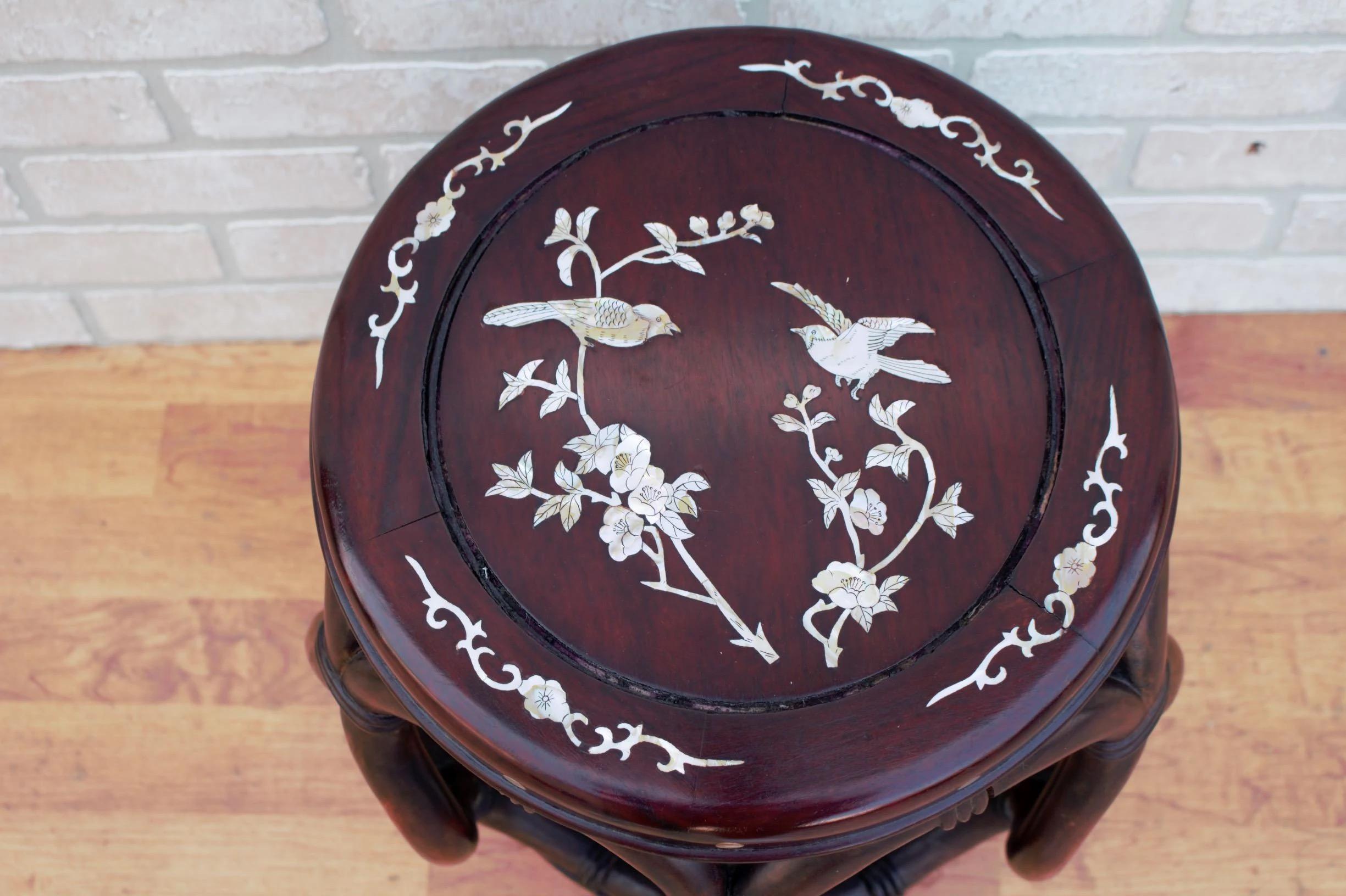 Antique Asian Carved Mother of Pearl Inlay Chairs & Stool/Side Table - 3 Piece 3