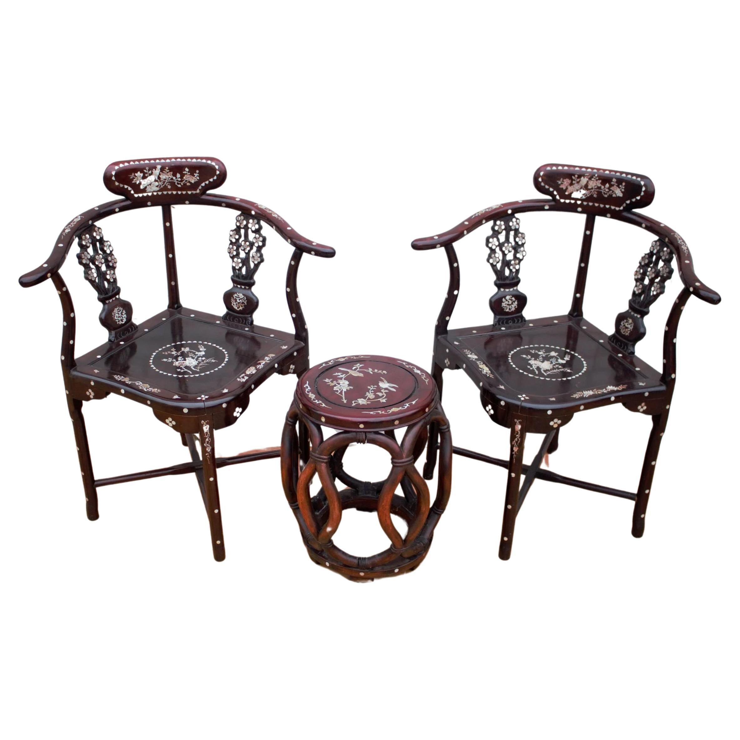 Antique Asian Carved Mother of Pearl Inlay Chairs & Stool/Side Table - 3 Piece