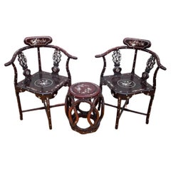 Antique Asian Carved Mother of Pearl Inlay Chairs & Stool/Side Table - 3 Piece
