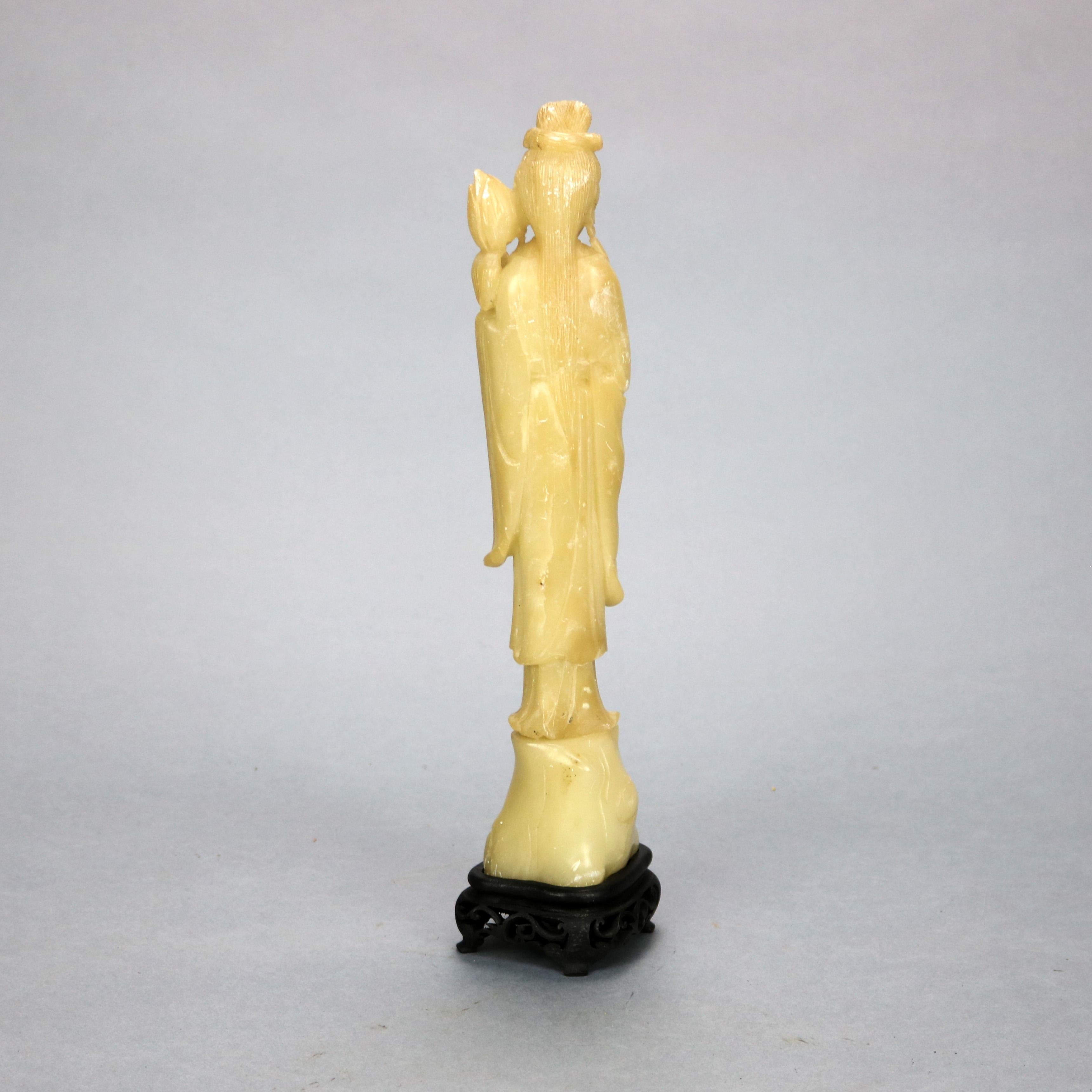 Antique Asian Carved Soapstone Buddha Figure on Hardwood Base, Circa 1910 4