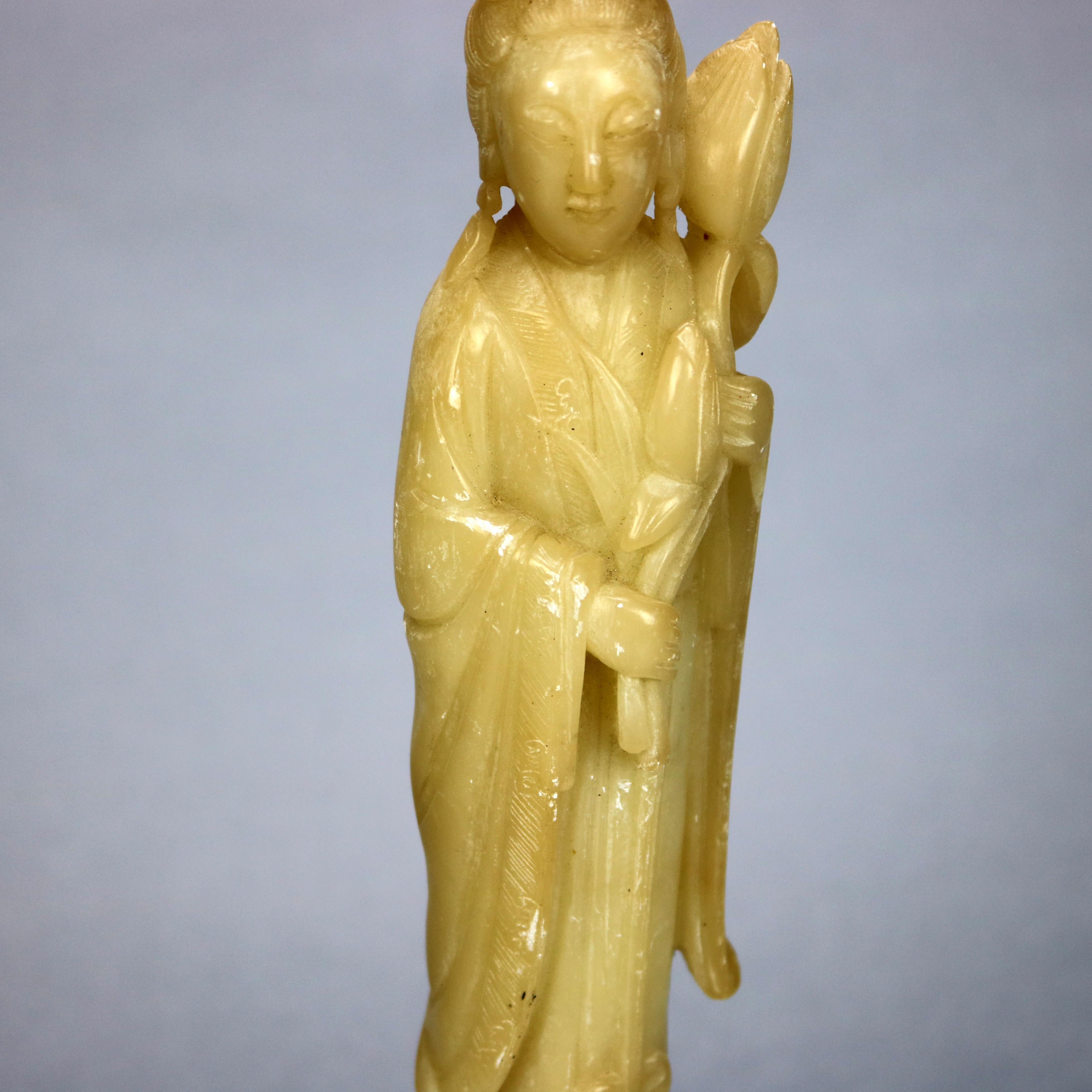 20th Century Antique Asian Carved Soapstone Buddha Figure on Hardwood Base, Circa 1910