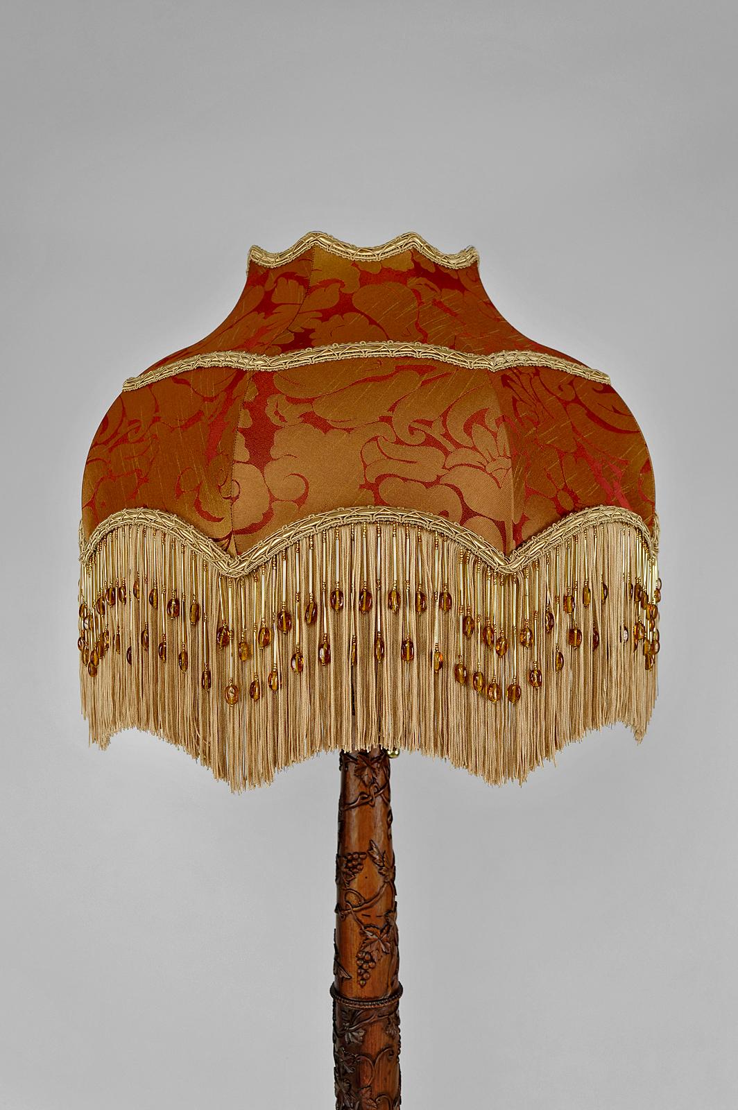 Embroidered Antique Asian carved wooden floor lamp, Indochina or China, circa 1900
