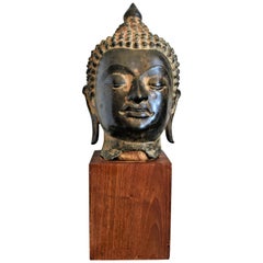 Ancienne sculpture de buste de Bouddha en bronze moulé asiatique, 18ème siècle