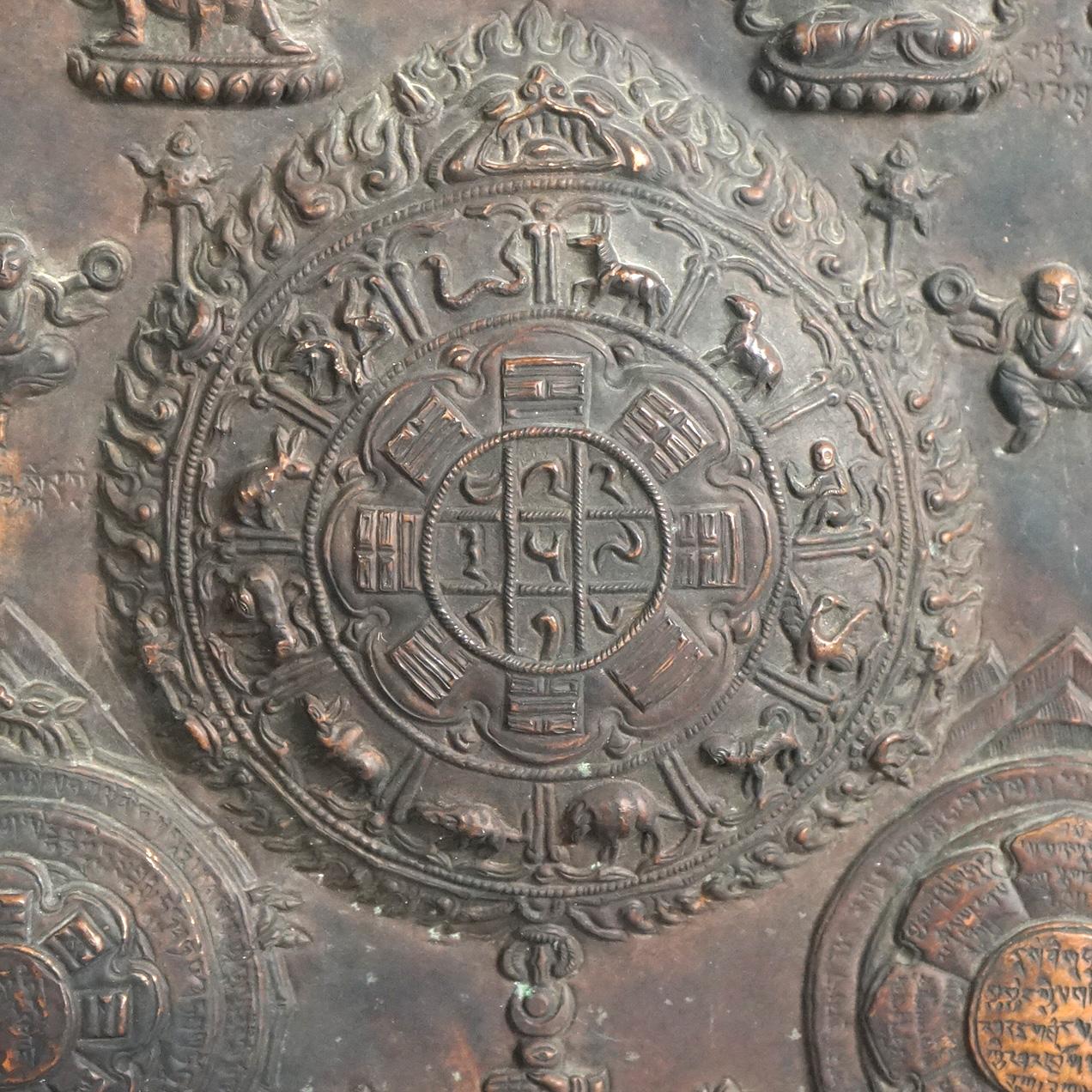 Antique Asian Cast & Bronzed Metal Buddha Plaque with Symbols 19thC

Measures- 12''H x 10.75''W x .75''D