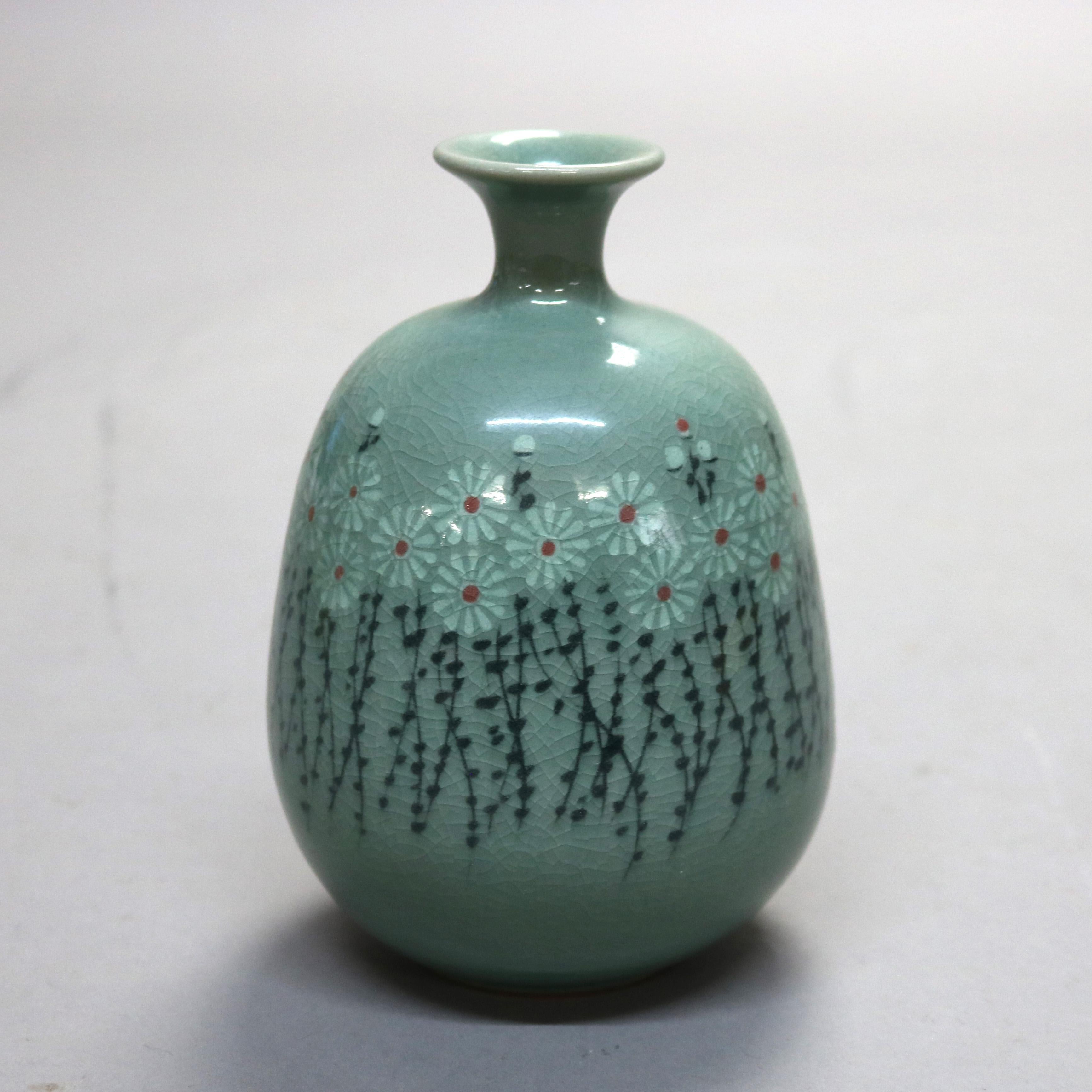 Antique Asian Celadon Pottery Bud Vase with Daisies Signed Early 19thC

Measures - 5.75