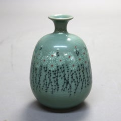 Antique Asian Celadon Pottery Bud Vase with Daisies Signed Early 19thC