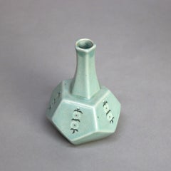 Antique Asian Celadon Pottery Bud Vase with Daisies Signed Early 19thC