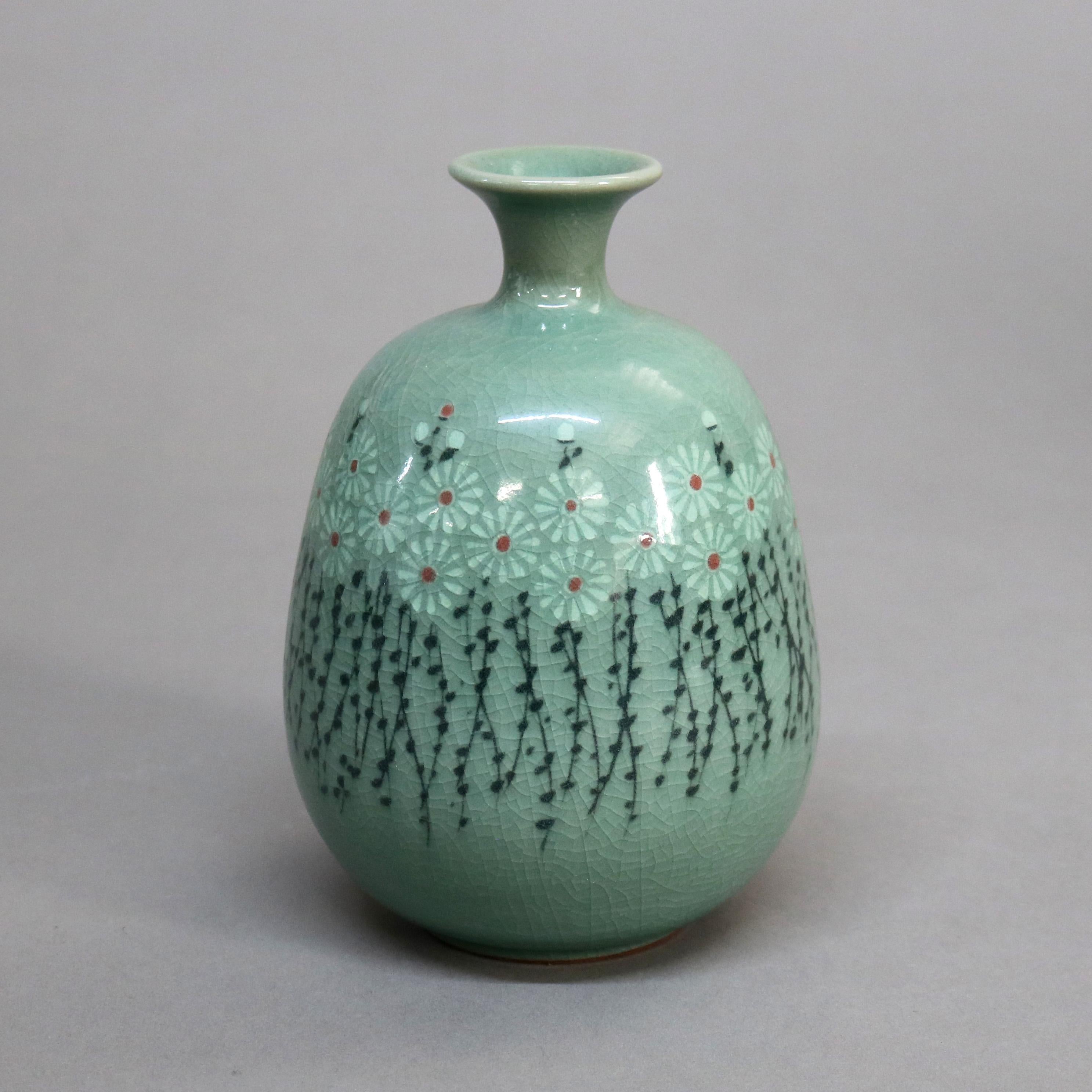 Antique Asian Celadon Pottery Bud Vase with Daisies Signed Early 19thC In Good Condition In Big Flats, NY