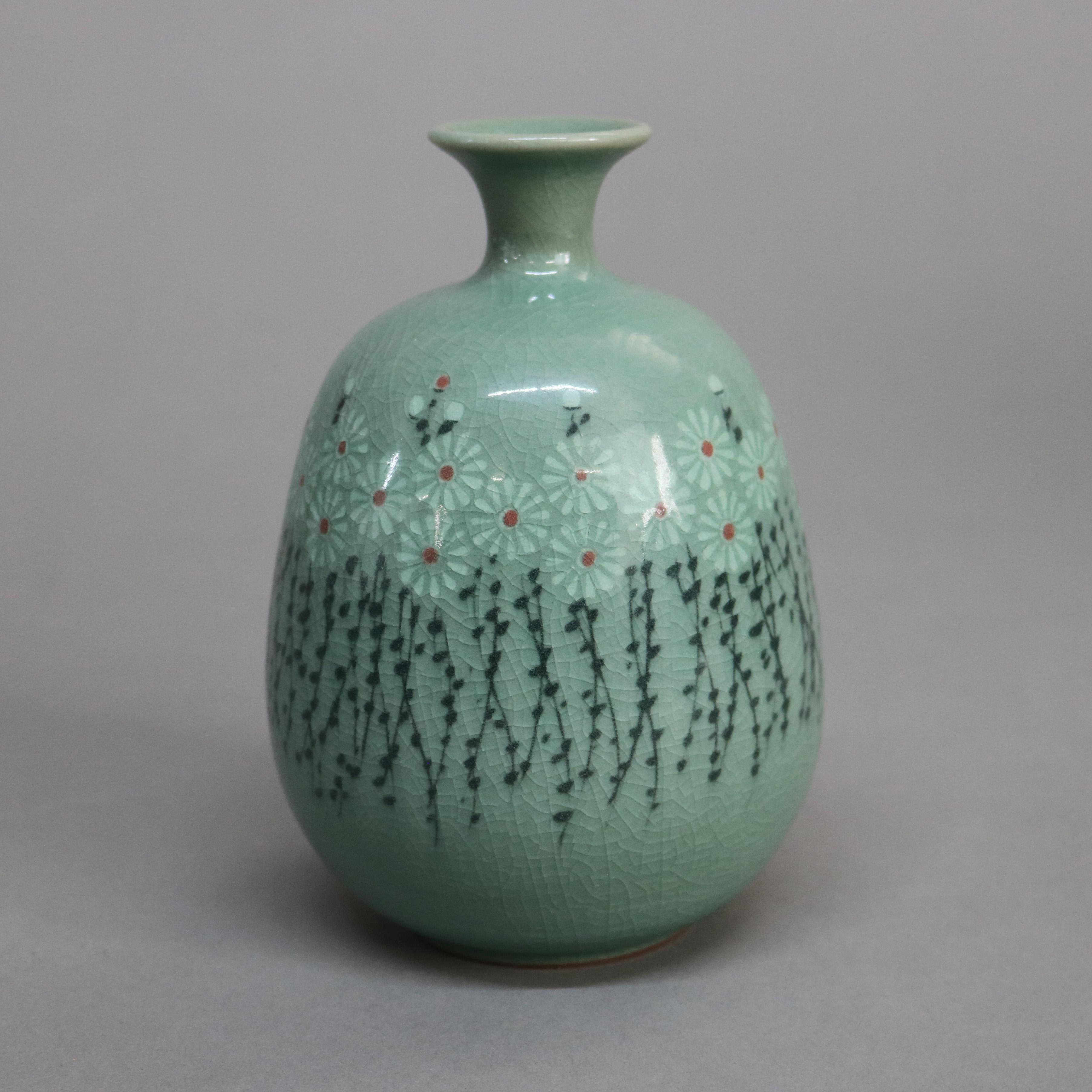 19th Century Antique Asian Celadon Pottery Bud Vase with Daisies Signed Early 19thC