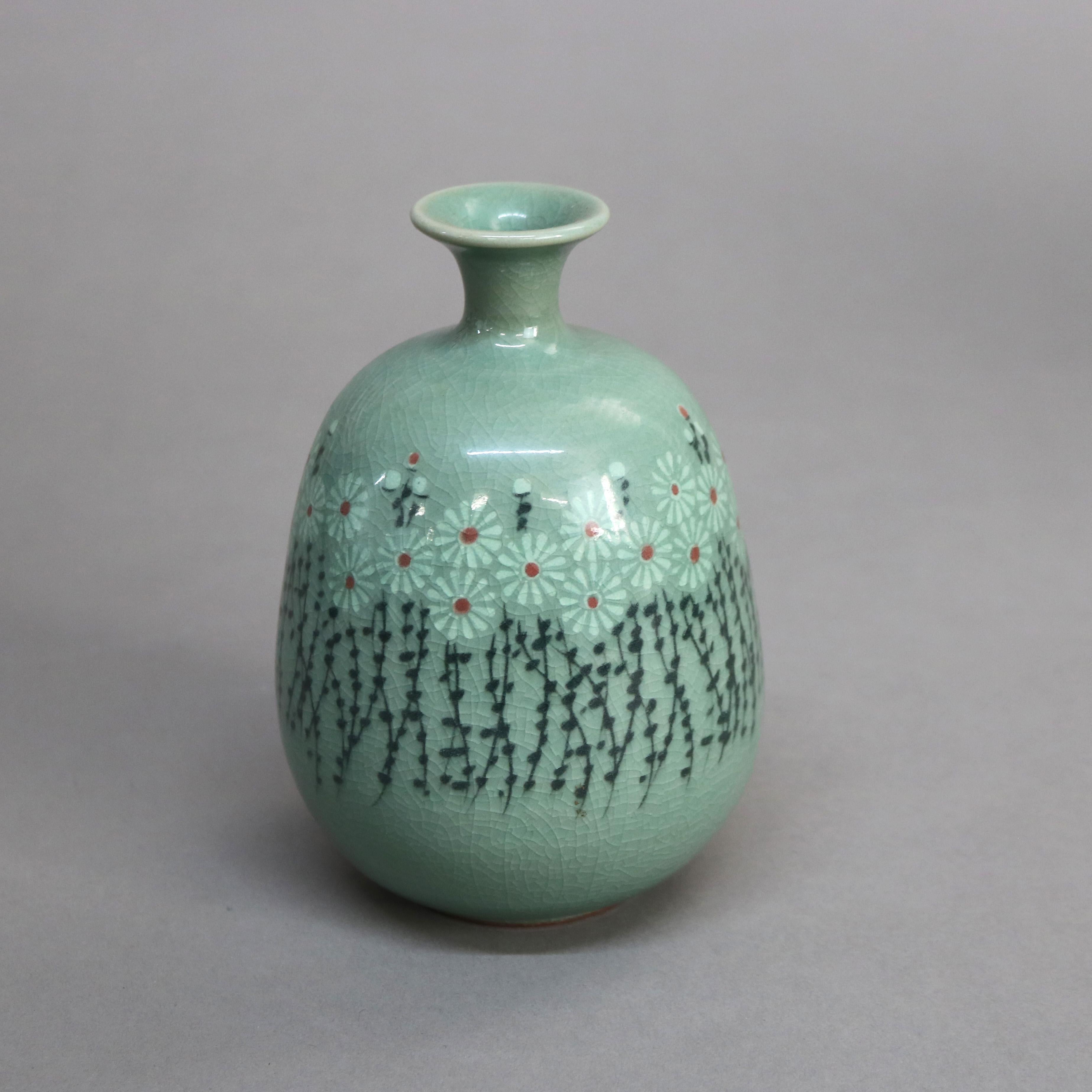 Antique Asian Celadon Pottery Bud Vase with Daisies Signed Early 19thC 1