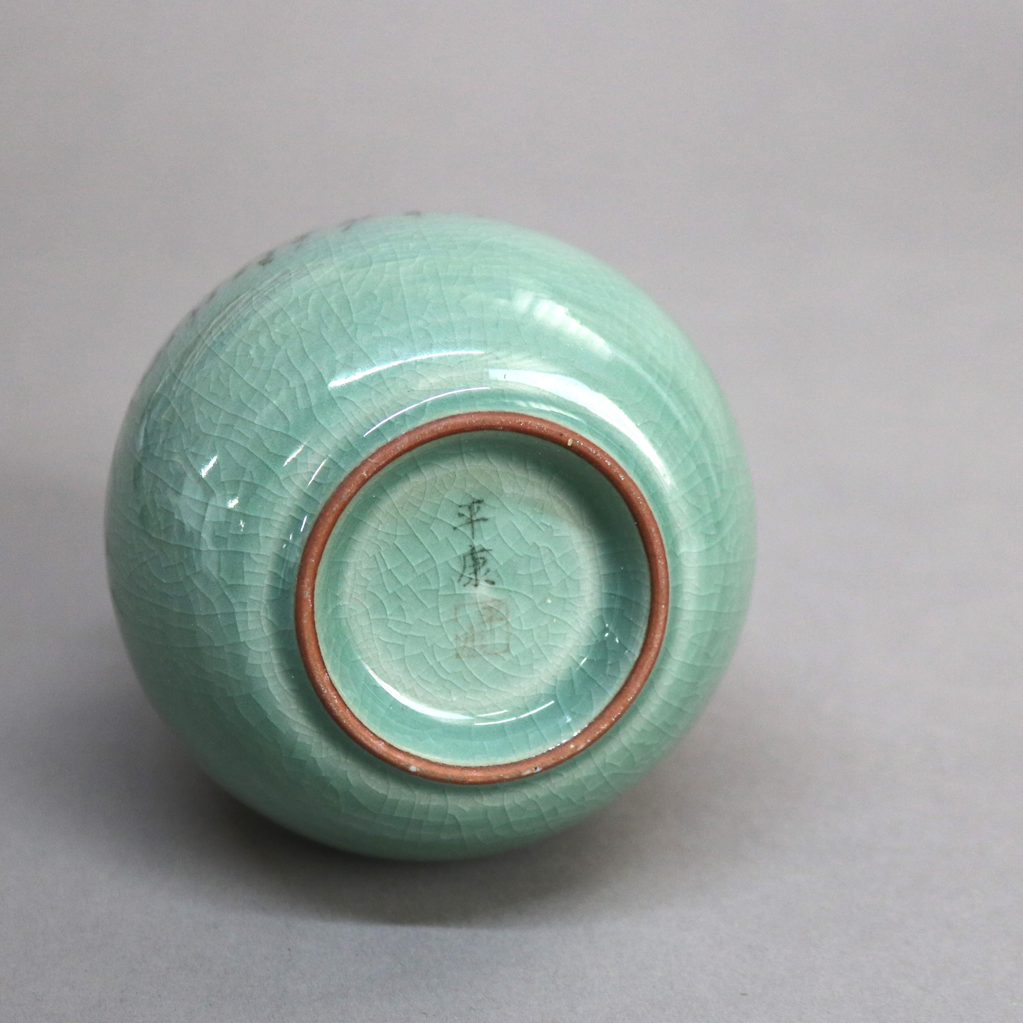 Antique Asian Celadon Pottery Bud Vase with Daisies Signed Early 19thC 2