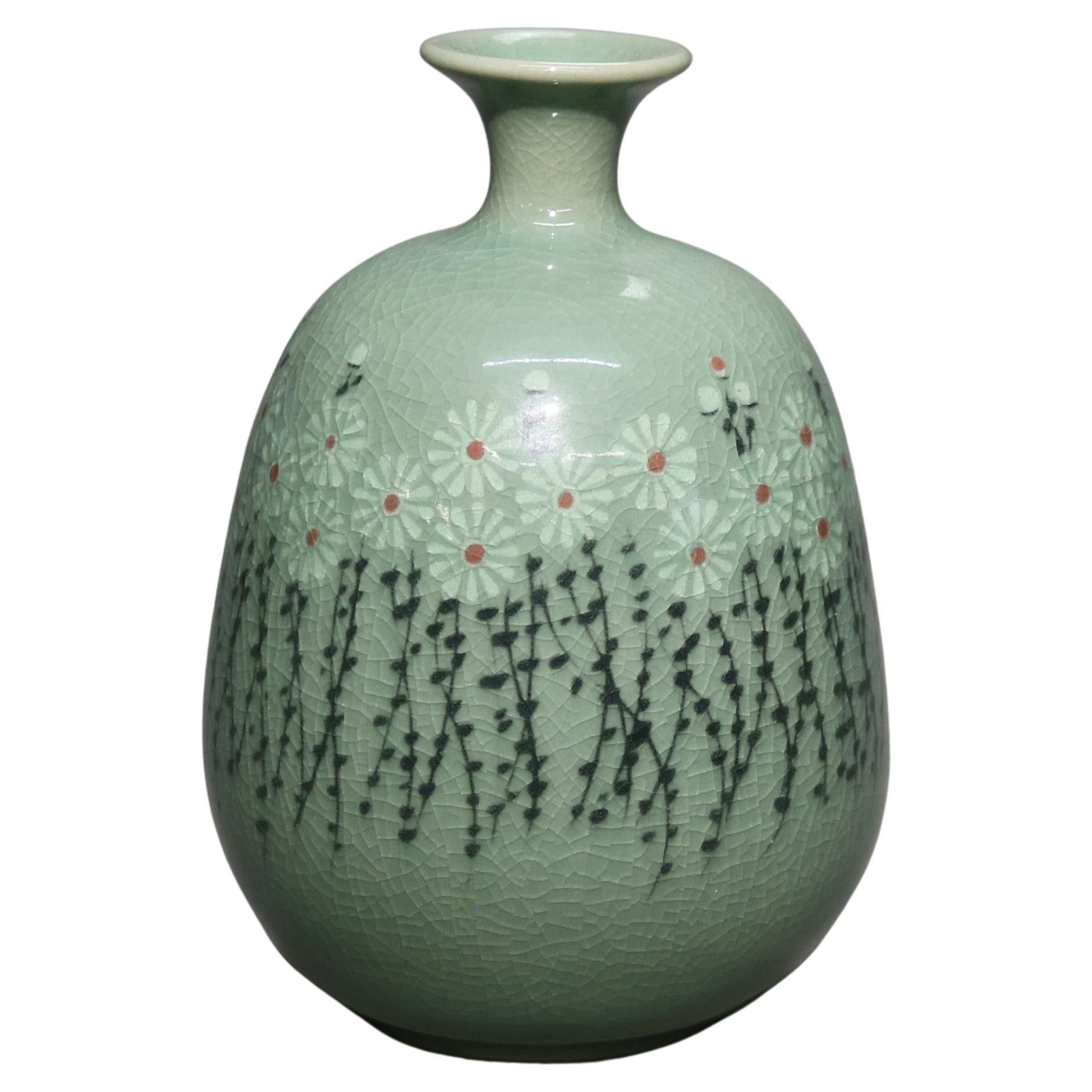 Antique Asian Celadon Pottery Bud Vase with Daisies Signed Early 19thC