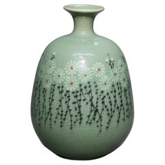 Antique Asian Celadon Pottery Bud Vase with Daisies Signed Early 19thC