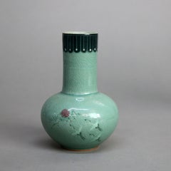 Antique Asian Celadon Pottery Bud Vase with Marsh Scene Signed Early 19thC