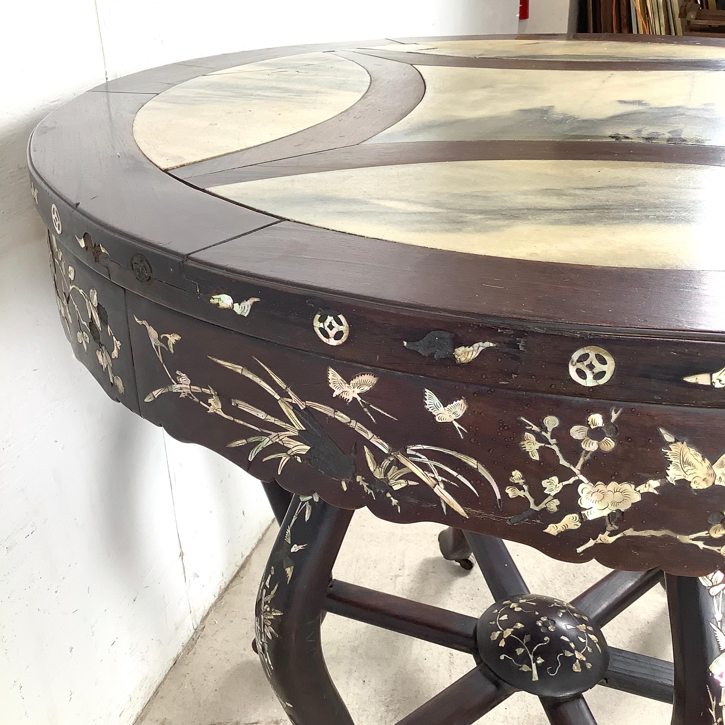 Antique Asian Center Table With Decorative Pearl Inlay and Stone Top For Sale 3