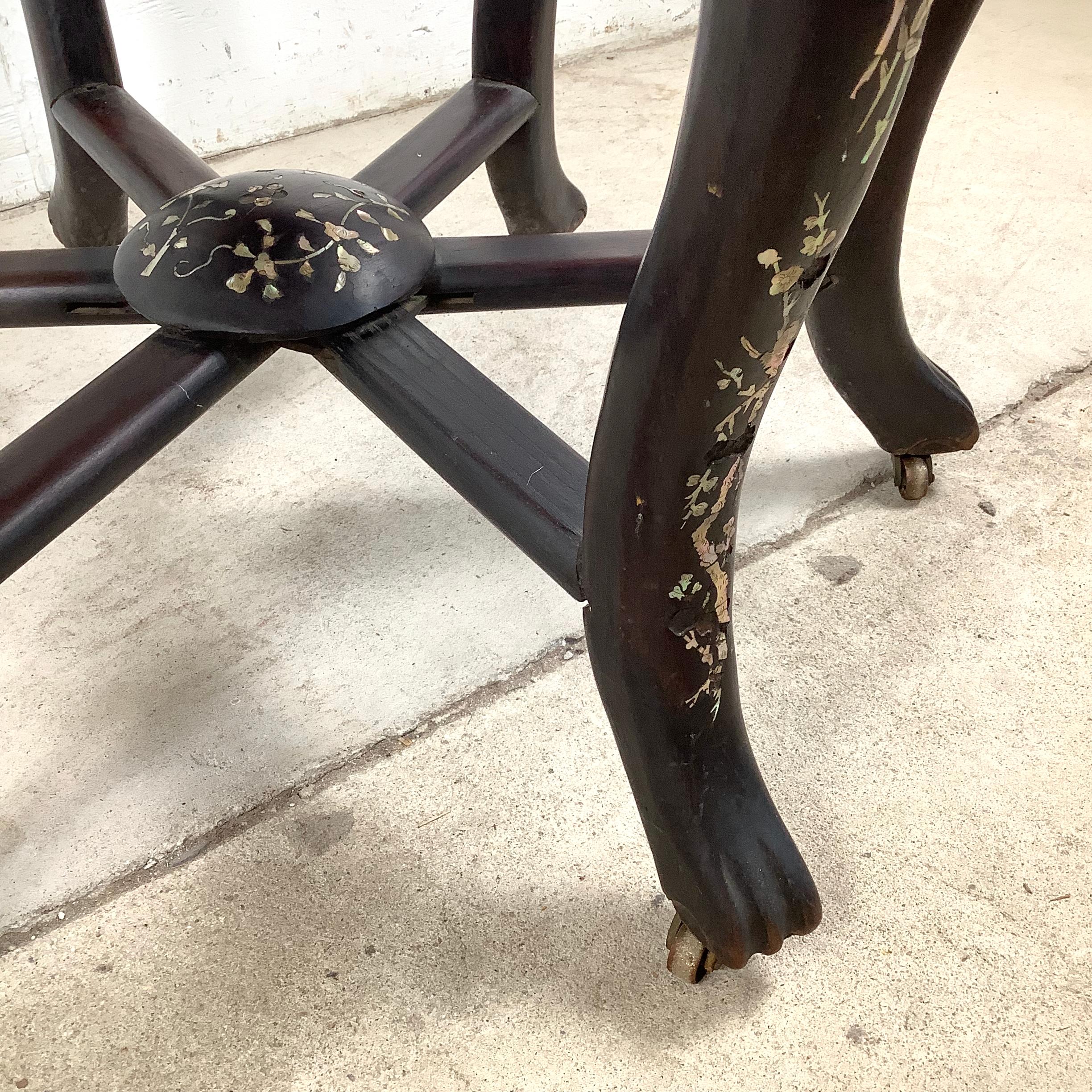 Antique Asian Center Table With Decorative Pearl Inlay and Stone Top For Sale 7