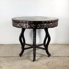 Antique Asian Center Table With Decorative Pearl Inlay and Stone Top