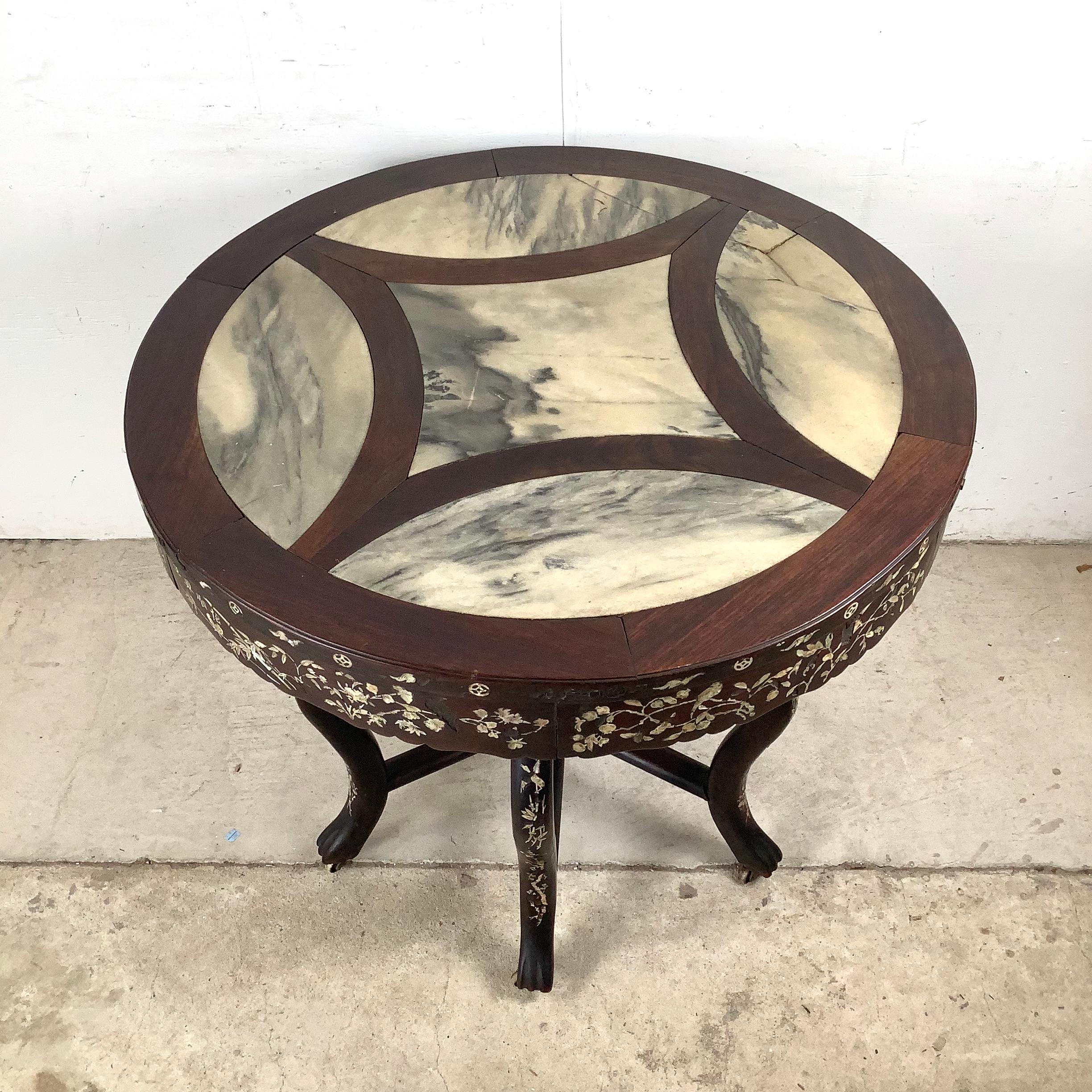 Chinese Export Antique Asian Center Table With Decorative Pearl Inlay and Stone Top For Sale